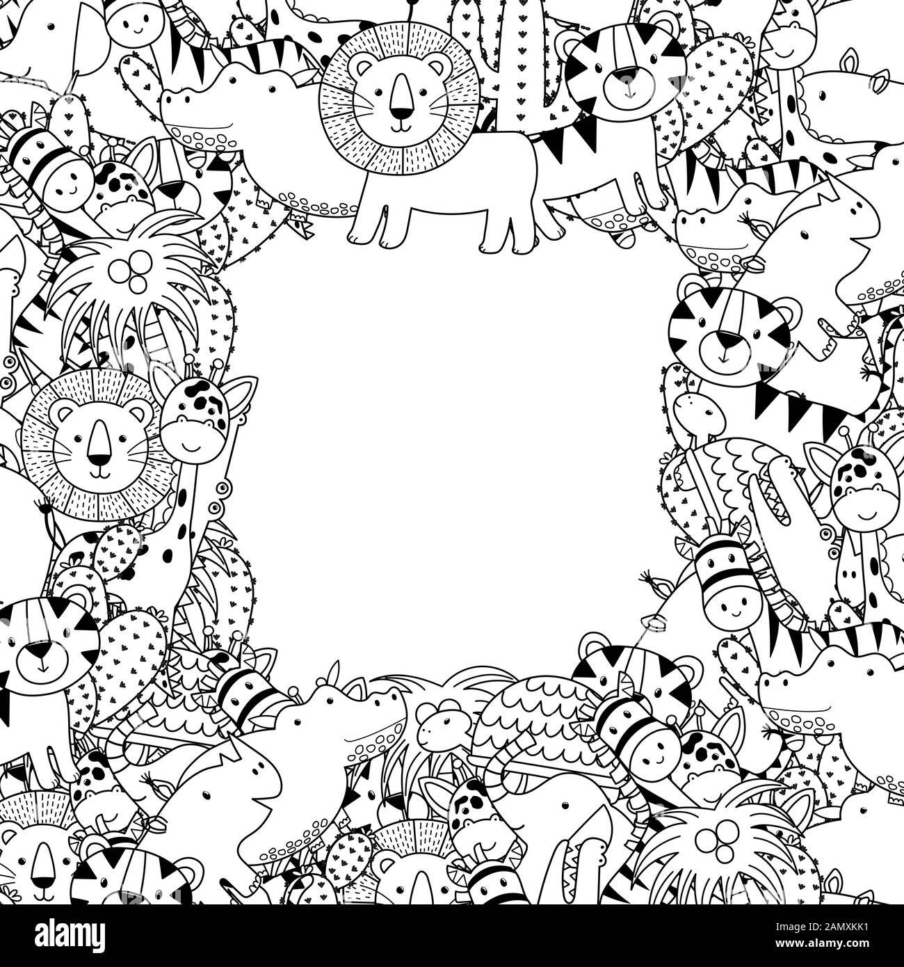 Modèle à cadre noir et blanc avec animaux de safari Illustration de Vecteur