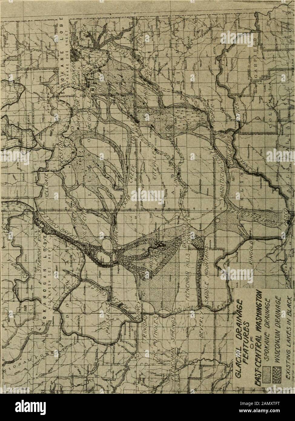 Bulletin de la Société géologique de l'Amérique . e glaciation 580 Déclaration générale i 580 drainage de la rivière Spokane et de la rivière Palouse 581 Environs de Spokane 581 Environs de Spangle 583 Environs de Cheney , 585 Environs de Lamont 586 Environs de Kahlotus 587 Environs de Sprague 587 Rdrainage du ruisseau Crab 588 Déclaration générale 588 Grand Coulee 591 Hartline vallée structurale 593 Quincy Valley ou bassin 594 Moses Coulee ., 600 La glaciation du Wisconsin , 602 discussion 608 Introduction Seule la partie nord du plateau de Columbia est concernée par la thisétude et seulement les eaux de la feuille de glace de la cordillère. Banque D'Images