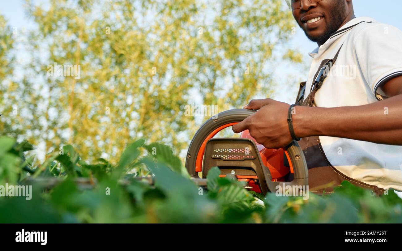 Close up of African travailleur homme en uniforme et lunettes de protection maintenant pour la coupe-haie arbustes pendant l'été. Les jeunes qui travaillent professionnellement jardinier avec équipement moderne. Banque D'Images