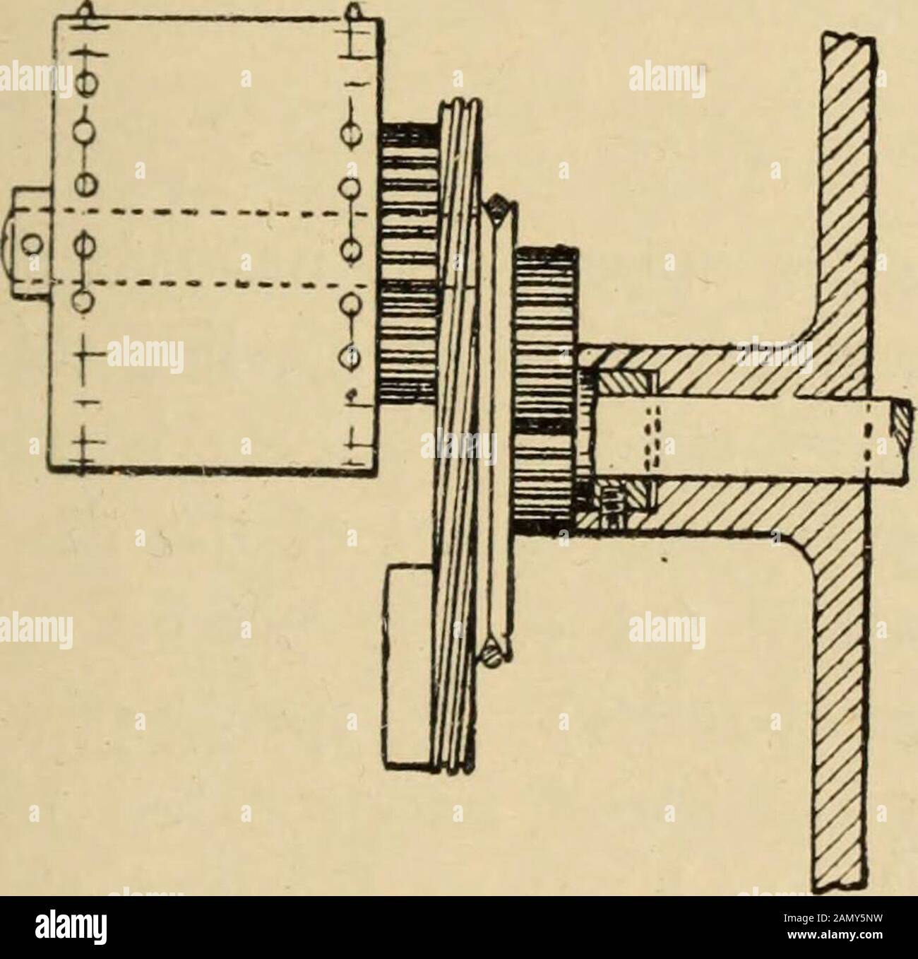 Images vivantes; leur histoire, la photoproduction et le travail pratique ingDithe un condensé de brevets britanniques et une bibliographie annotée . , cependant, il doit être monté comme shownm Fig. 127, l'action sur le film peut être rendue inter-mittente bien que la roue d'entraînement ne cesse pas de se remvoluer. Le pignon axleis monté excentralement un disque, le tour de caissementalternativement raisins et abaisse le pignon-roue. Ce dernier mouvement rotatif receivesa de son propre mouvement par engrenage épicycloïdal, et était son essieu fixe, il serait, comme indiqué précédemment, de tirer le film vers le bas ta vitesse constante. Les deux m Banque D'Images