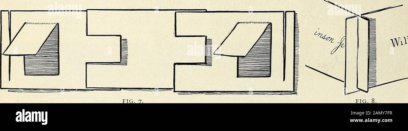 StNicholas [série] . FIG. 5. FIG. 6.. FIG. 7. Détails DES MAISONS DE CARTES DE VISITE. Se tiendra ferme et forme un coin de l'étage inférieur de la maison (Fig. 8). Renforcer la maison avec un mur intérieur supplémentaire.coupez de longues fentes à chaque extrémité du mur, puis une fente longue près du centre de chaque mur latéral dans lequel tofit le mur supplémentaire. Faites le plafond de l'étage inférieur des paires de cartes de twomore attachées ensemble comme Fig. 5,et aux extrémités de chaque paire de cartes coupent des similarvisions, seulement les ont assez courts (Fig. 5).pliez toutes les divisions d'extrémité et placez les bandes sur le haut du sapin Banque D'Images