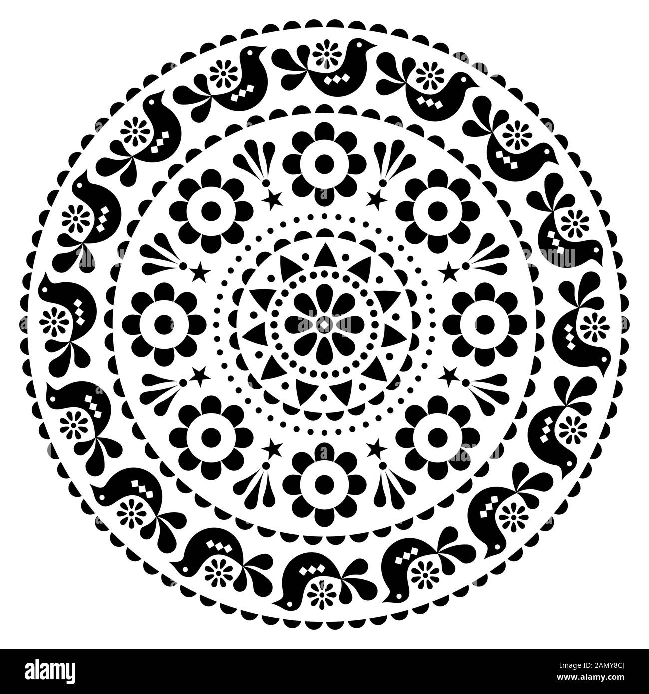 Motif à vecteur folklorique scandinave motif mandala - motif rond, joli ornement floral avec des oiseaux en noir sur fond blanc Illustration de Vecteur