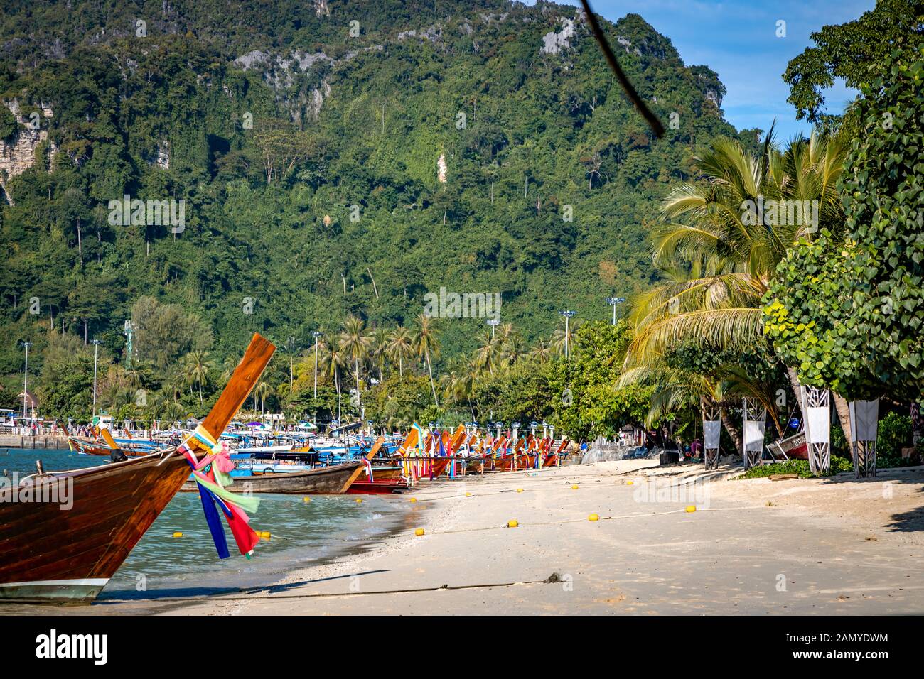 Bateaux longtail traditionnels en bois stationnée à une plage à Phi Phi Island. L'eau claire et propre plage. Banque D'Images