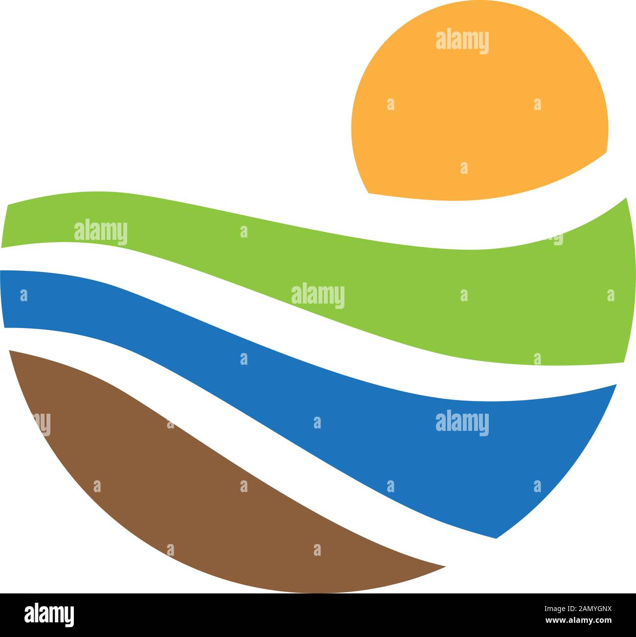 Abstract green field, vague bleue et orange soleil, vector abstract landscape Illustration de Vecteur