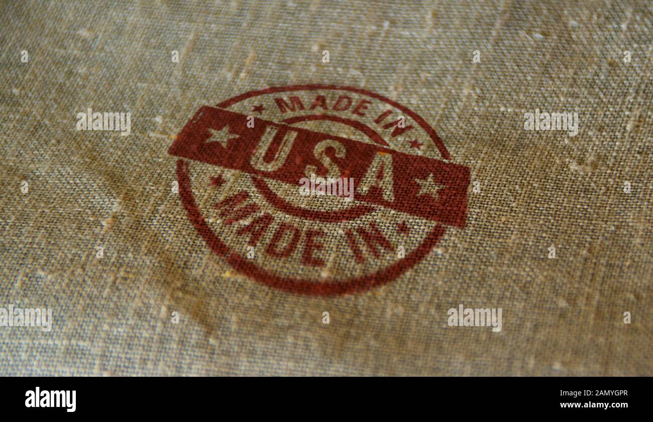 Made in USA de timbres sur le linge de lit. La production en usine, la fabrication et la notion de pays. Banque D'Images