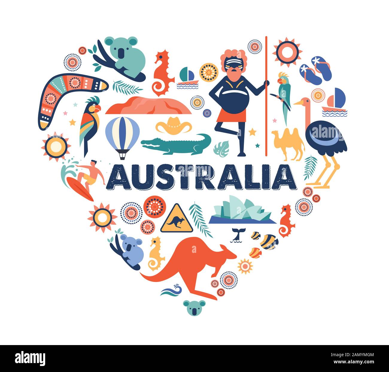 Australie illustration du coeur avec de nombreuses icônes, symboles. Conception vectorielle Illustration de Vecteur