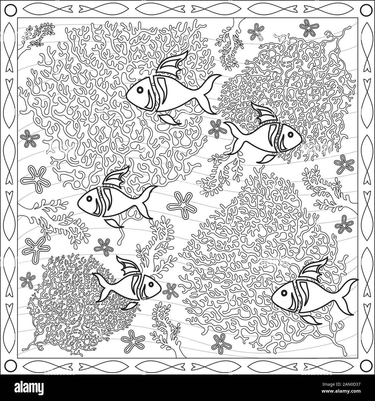 L'illustration de la page de coloriage en format carré pour les adultes, des poissons de corail sous l'eau - Design noir et blanc Illustration de Vecteur