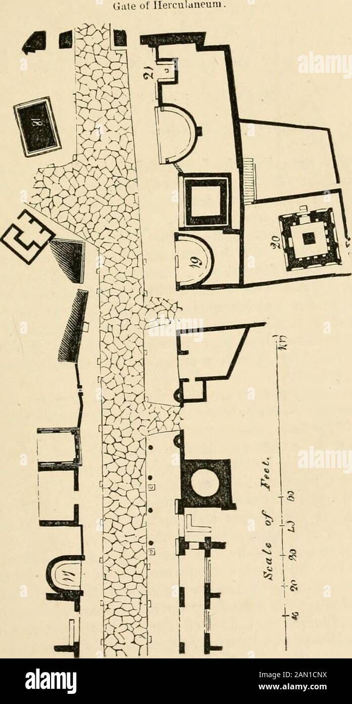 Pompéi, son histoire, ses bâtiments et ses antiquités : un compte rendu de la destruction de la ville avec une description complète des vestiges, et des fouilles récentes, ainsi qu'un itinéraire pour les visiteurs . Plan au sol des TOMBES de la rue ihe de Tuubs. 511. U plan circulaire de LA rue des Tombeaux 512 POMPÉI. Le tombeau lui-même est un bâtiment solide, non installé pour la recep-tion des urnes, et donc simplement érigé en commémoration, comme le cippi décrit ci-dessus. La façade est d'environ neuf feetlarge et douze de haut, et présente deux pilastres, qui soutiennent un pediment. Les capitales sont capricieuses, mais notinelegane Banque D'Images