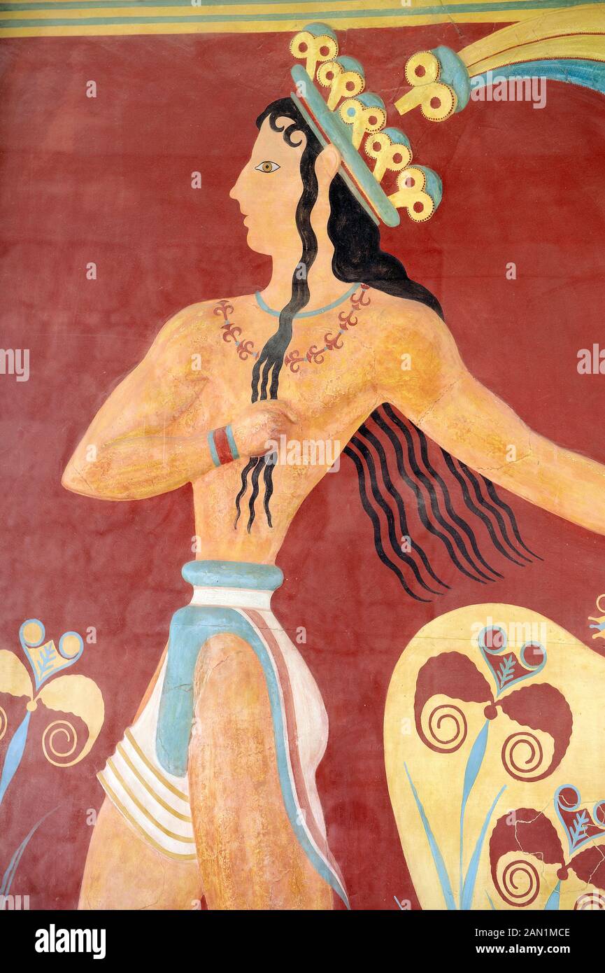 'Prince of Lilis' ou 'Priest-King relief', soulagement du plâtre à la fin du corridor Des Processions, restauré par Gilliéron, Knossos Minoan archéolog Banque D'Images