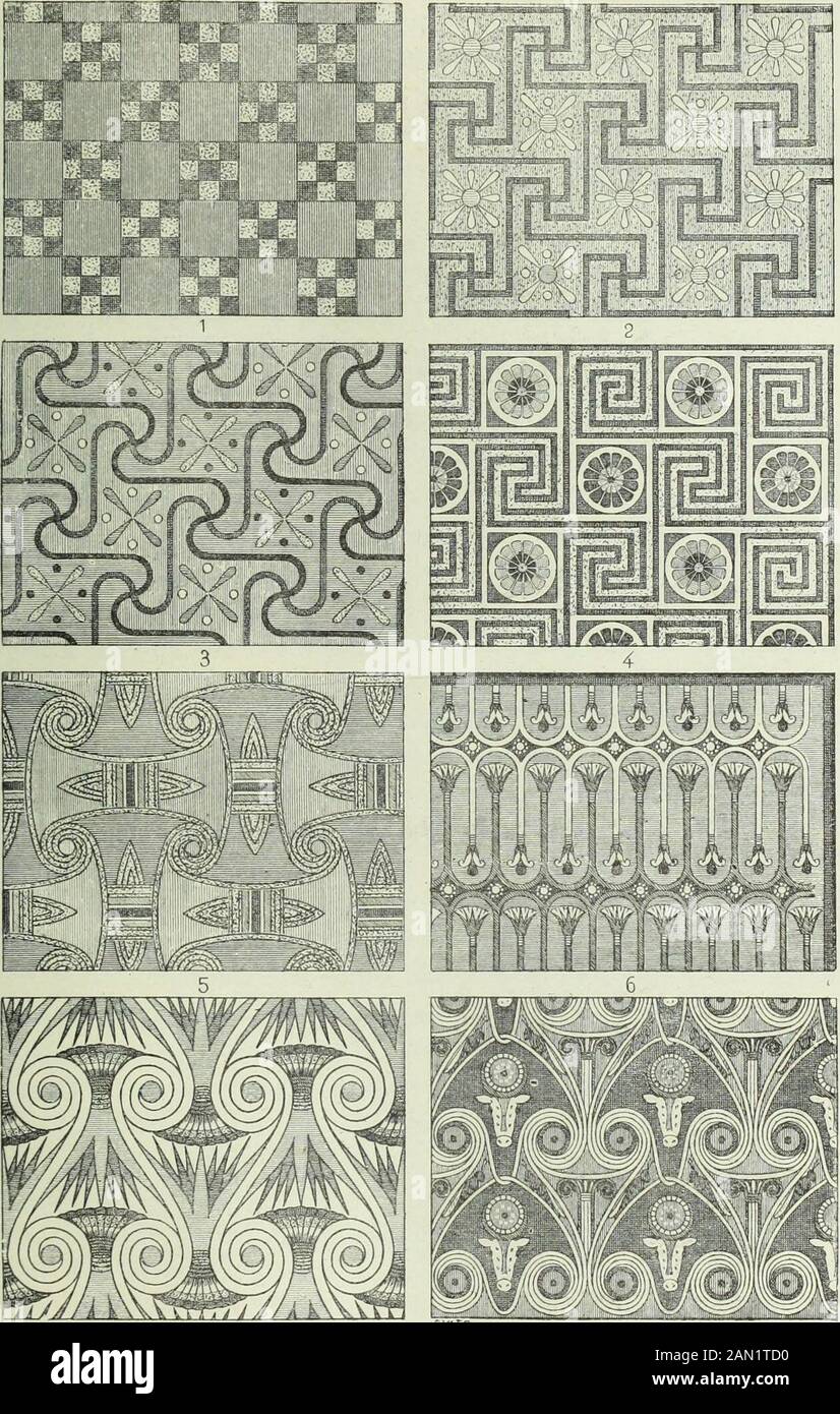 Histoire de l'art dans l'antiquité : Égypte, Assyrie, Perse, Asie demeure, Grece, Etrurie, Rome . 540. — Un tacis au fond dun édicule.. 7 8 541. — Échantillon de la décoration des plafonds (daprès Prisse). 102 LORNEMENT. 811 ne se borne plus à se préendre ainsi de loules pièces ses motifs, soitdans la nature, soir dans les ouvrages que produisent ces métiers indes-pensables auxquels sessaye dès la première heure toute société qui fait faitlapentier de la police. 11 final par crier des dessins, dontquelques-uns nappartiennent vérifiement ni aux nattes ni aux tissusdont il sétait inspiré t t t d Banque D'Images