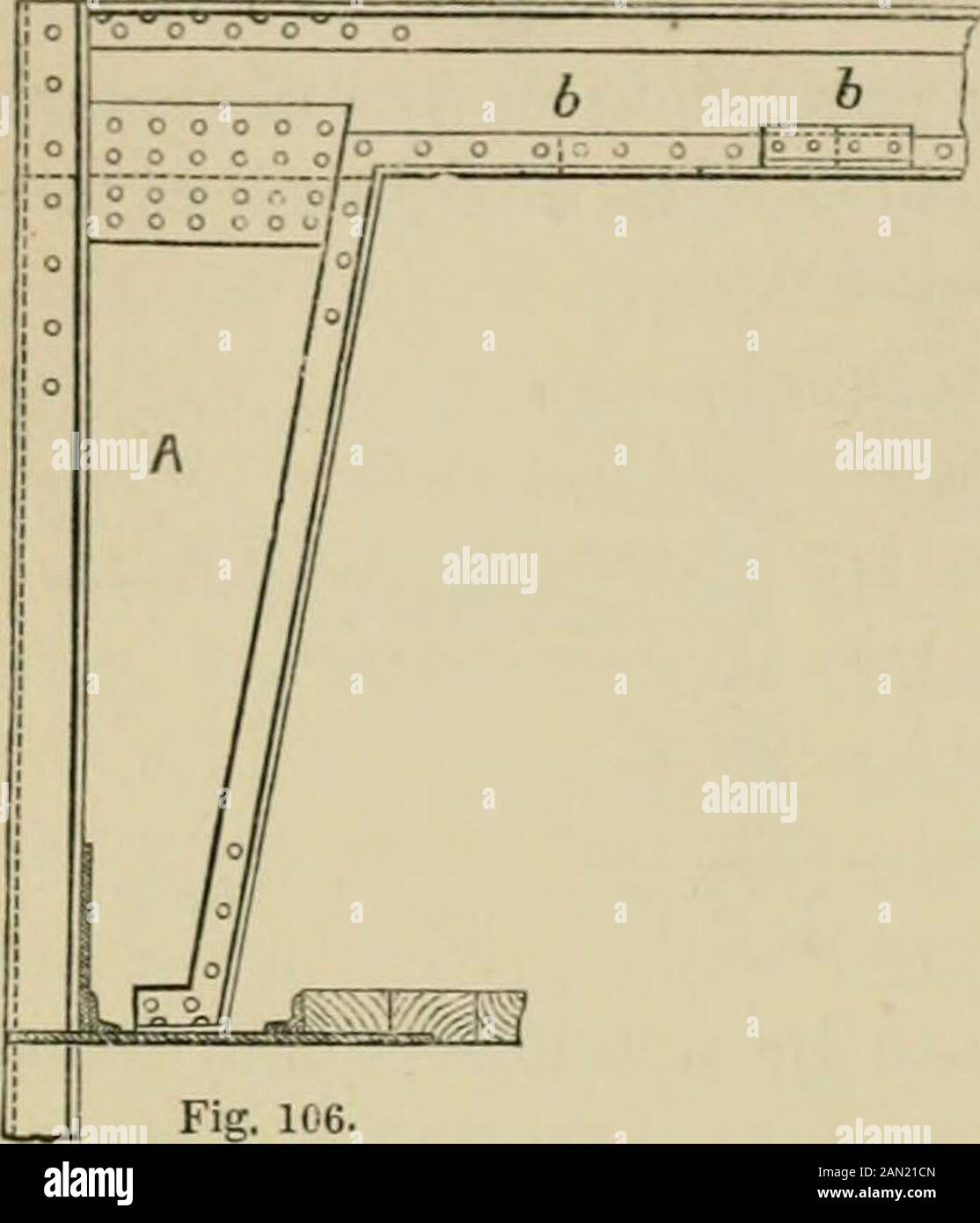 Construction navale dans le fer et l'acier / un traité pratique . . étant égale à la profondeur des faisceaux de batterie sur le côté.Cette disposition est faite pour obtenir une bonne hauteur de l’esseuil de port au-dessus du niveau d’eau, Et en même temps pour faire la hauteur et le poids de la ceinture de blindage-placage aussi peu que possible. Cette rupture dans la plate-forme provoquerait une grande réduction de la force longi-tudinale, à moins que la corde n'ait été poursuivie le long des poutres de la batterie,* et donc la corde est travaillé en dessous, et les poutres de batterie n'ont pas de genoux, les plaques de support étant travaillé belowthe plaque de déflecteur, pour Banque D'Images