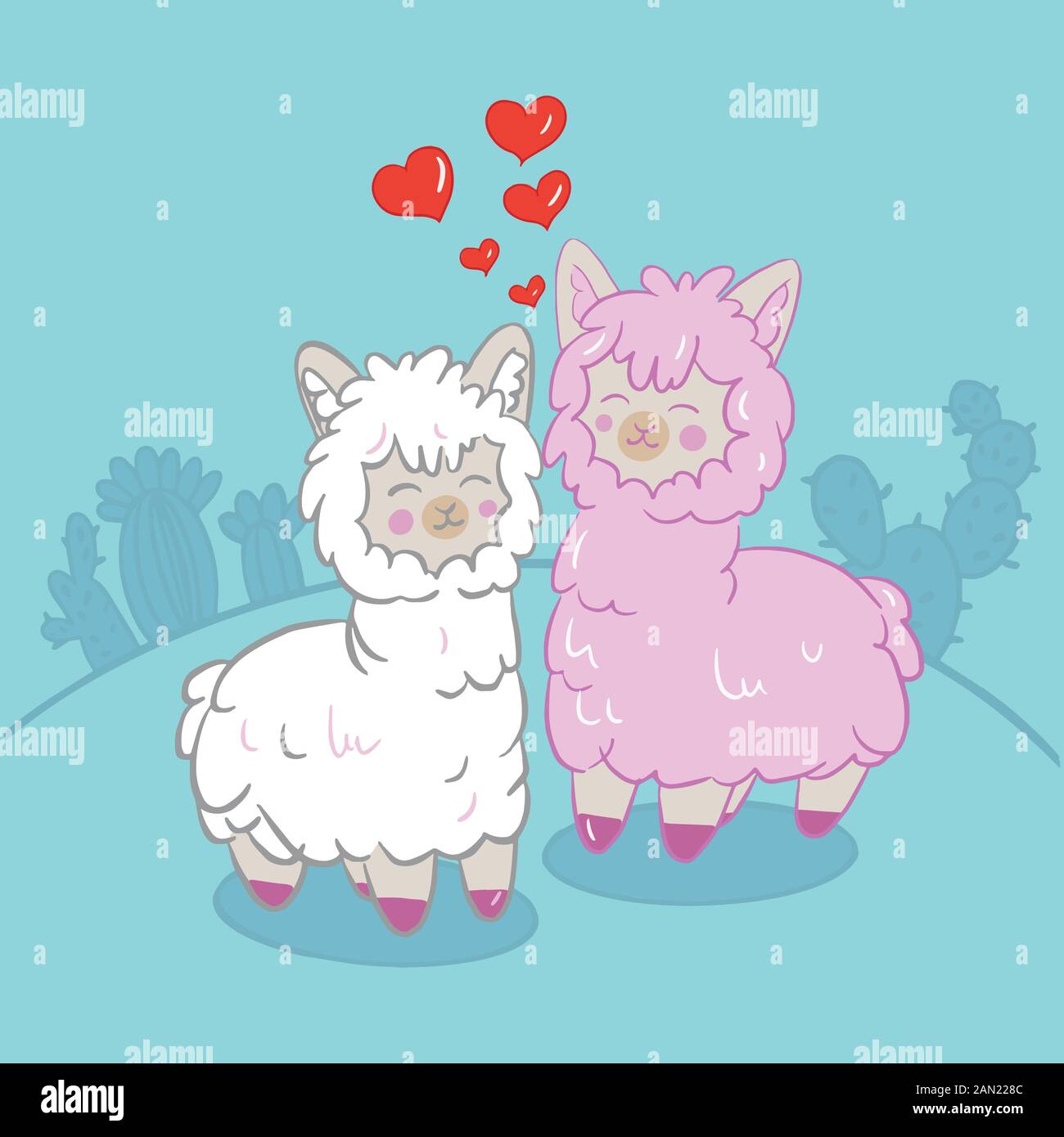 Illustration vectorielle de couleur de lamas animaux pour la Saint-Valentin, couples amoureux sur les arrière-plans. Illustration de Vecteur