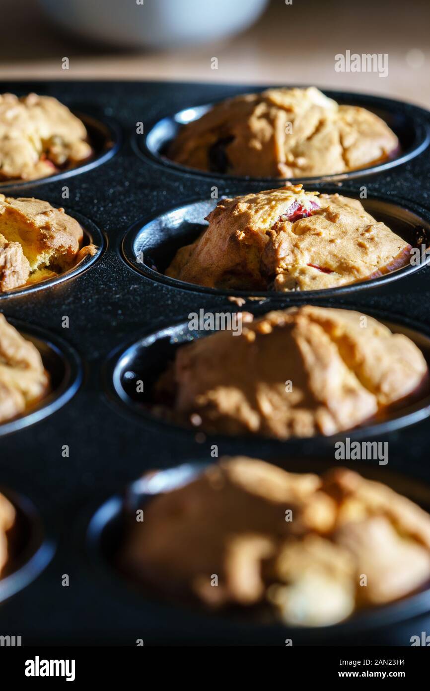 Gros plan sur une rangée de délicieux muffins cerise vanille vegan dans un moule à muffins noir dans la lumière du soleil du matin - vue oblique verticale, orientation portrait Banque D'Images