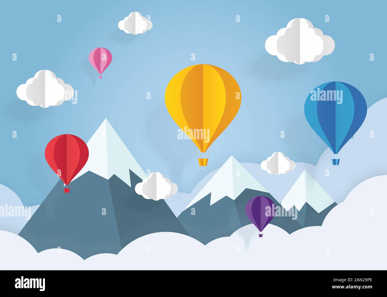 Bulles d'air dans le ciel bleu avec des nuages blancs en papier coupé. L'art du papier et le style origami. Illustration de Vecteur