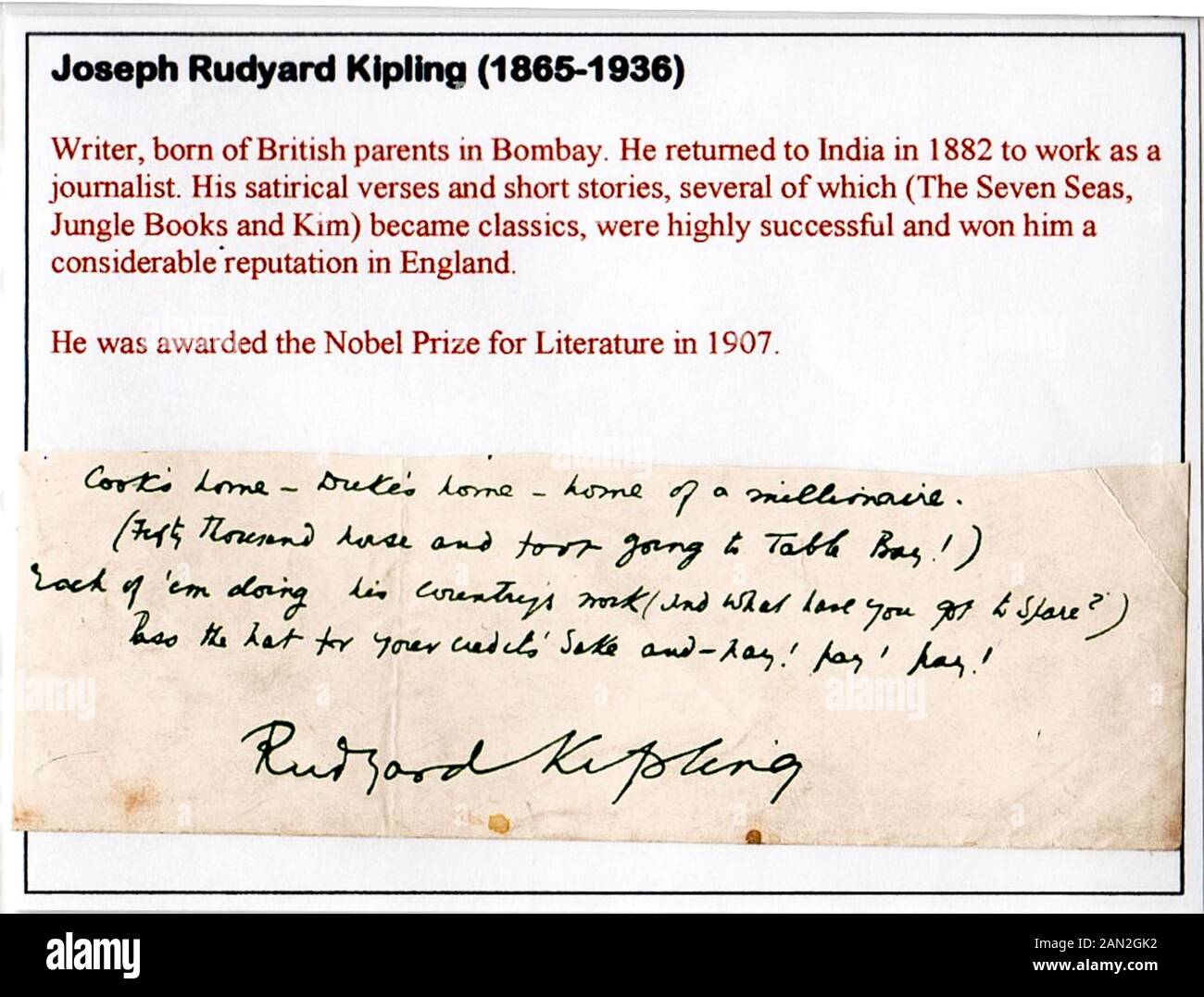 Signature de Joseph Rudyard Kipling (1865-1936), journaliste, écrivain, poète et romancier, Banque D'Images