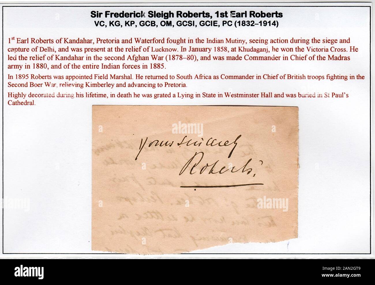 La signature de Field Marshal Frederick Sleigh Roberts, comte Roberts, VC, (1832-1914) Banque D'Images