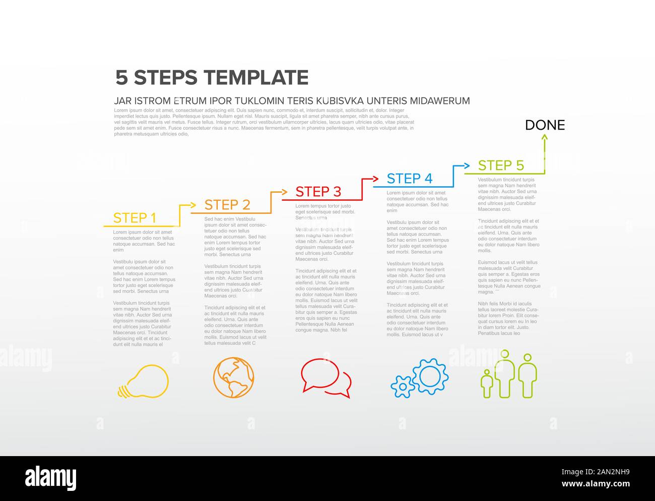 Un deux trois quatre cinq - vecteur cinq étapes modèle de progression blocs d'infographe avec contenu d'échantillon Illustration de Vecteur