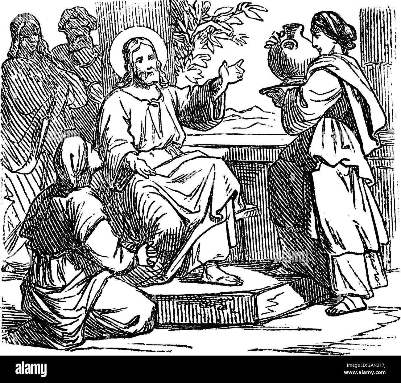 Dessin vintage ou gravure de l'histoire biblique de Jésus à la maison de Marie et Martha. Bible, Nouveau Testament, Luc 10. Biblische Geschichte , Allemagne 1859. Illustration de Vecteur