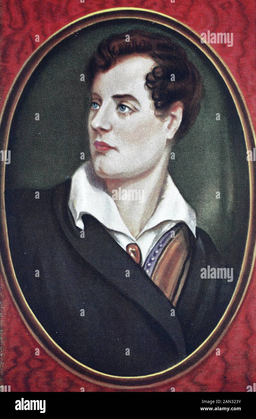 George Gordon Byron, 6 baron Byron FRS, 22 janvier 1788 – 19 avril 1824, connu sous le nom de Lord Byron, était un noble anglais, poète, pair, politicien, et figure principale dans le mouvement romantique, / George Gordon Byron, 6. Baron Byron FRS, 22. Januar 1788 - 19. Avril 1824, bekannt als Lord Byron, war ein englischer Adliger, Dichter, Peer, Politiker und eine führende Persönlichungen in Romantik, Historisch, Digital amélioration de la reproduction d'un original du XIXe siècle / digitale Reduktion einer Originalvoraus dem 19. Jahrhundert Banque D'Images