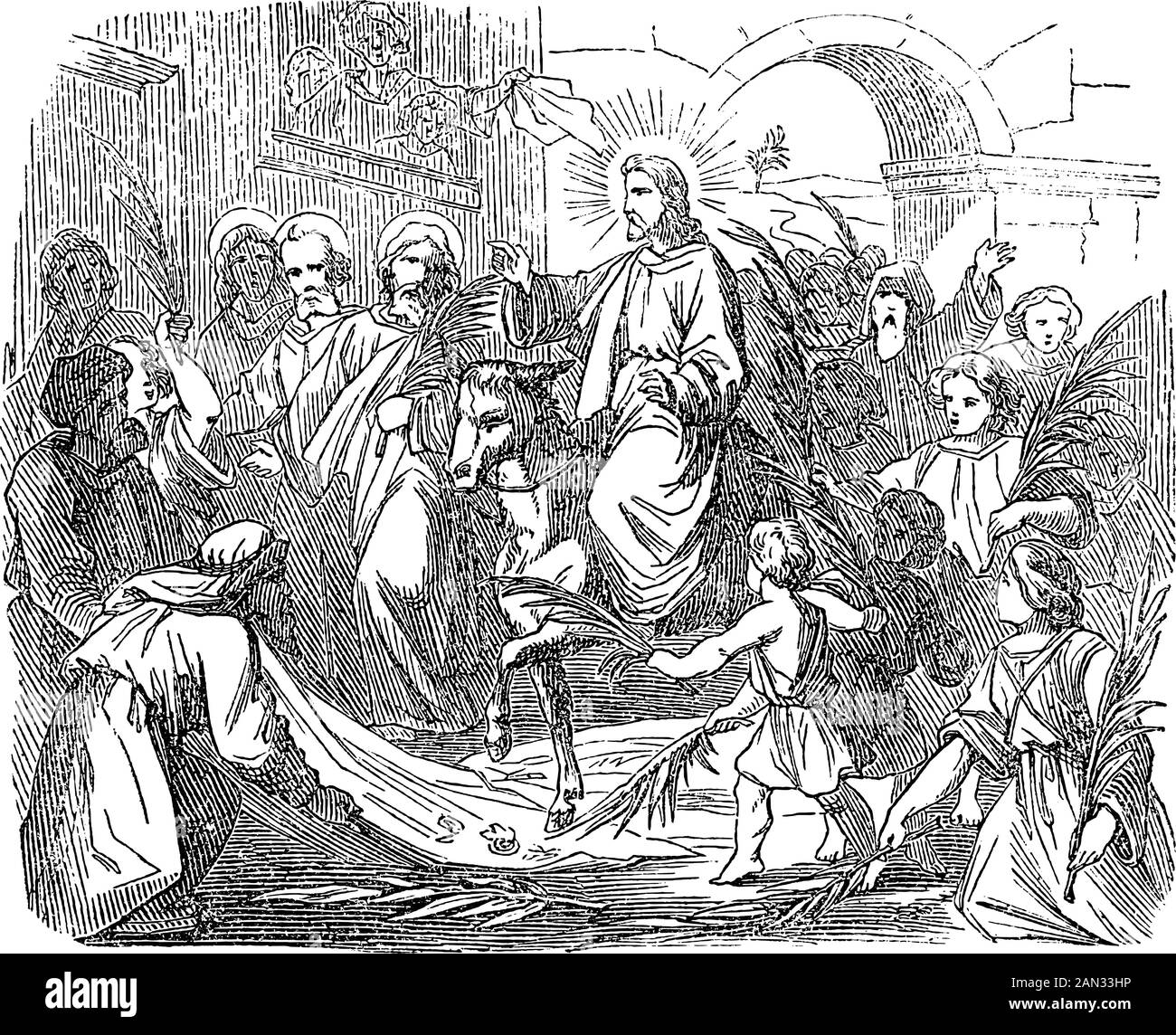 Dessin ou gravure vintage de l'histoire biblique de Jésus vient à Jérusalem triomphal comme roi accueilli par les foules.Bible, Nouveau Testament, Jean 12, Matthieu 21,Marc 11,Luc 19. Biblische Geschichte , Allemagne 1859. Illustration de Vecteur