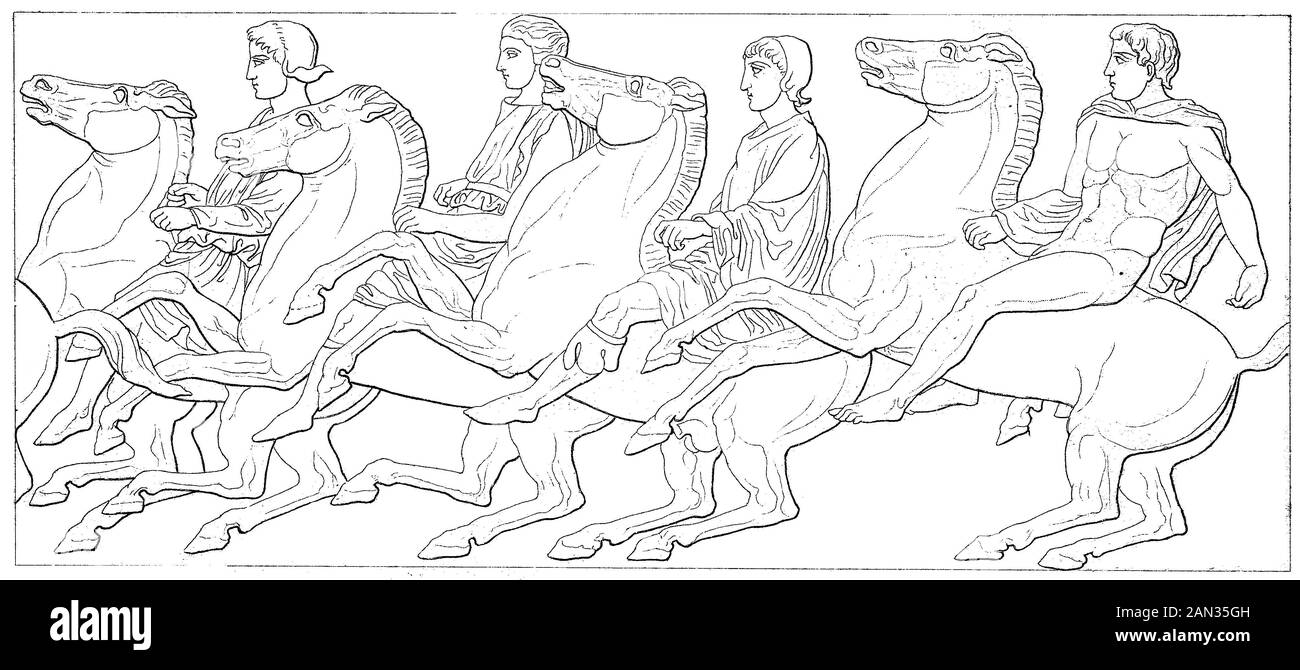 Au Frieze du Parthénon, un ancien temple, sur l'Acropole Athenienne, Athen, Grèce, / Am Parthenonfries, einem ehemaligen Tempel auf der Athener Akropolis, Athen, Griechenland, Historisch, amélioration numérique de la reproduction d'un original du XIXe siècle / digitale Reproduktion einer Originvoralus dem 19. Jahrhundert Banque D'Images