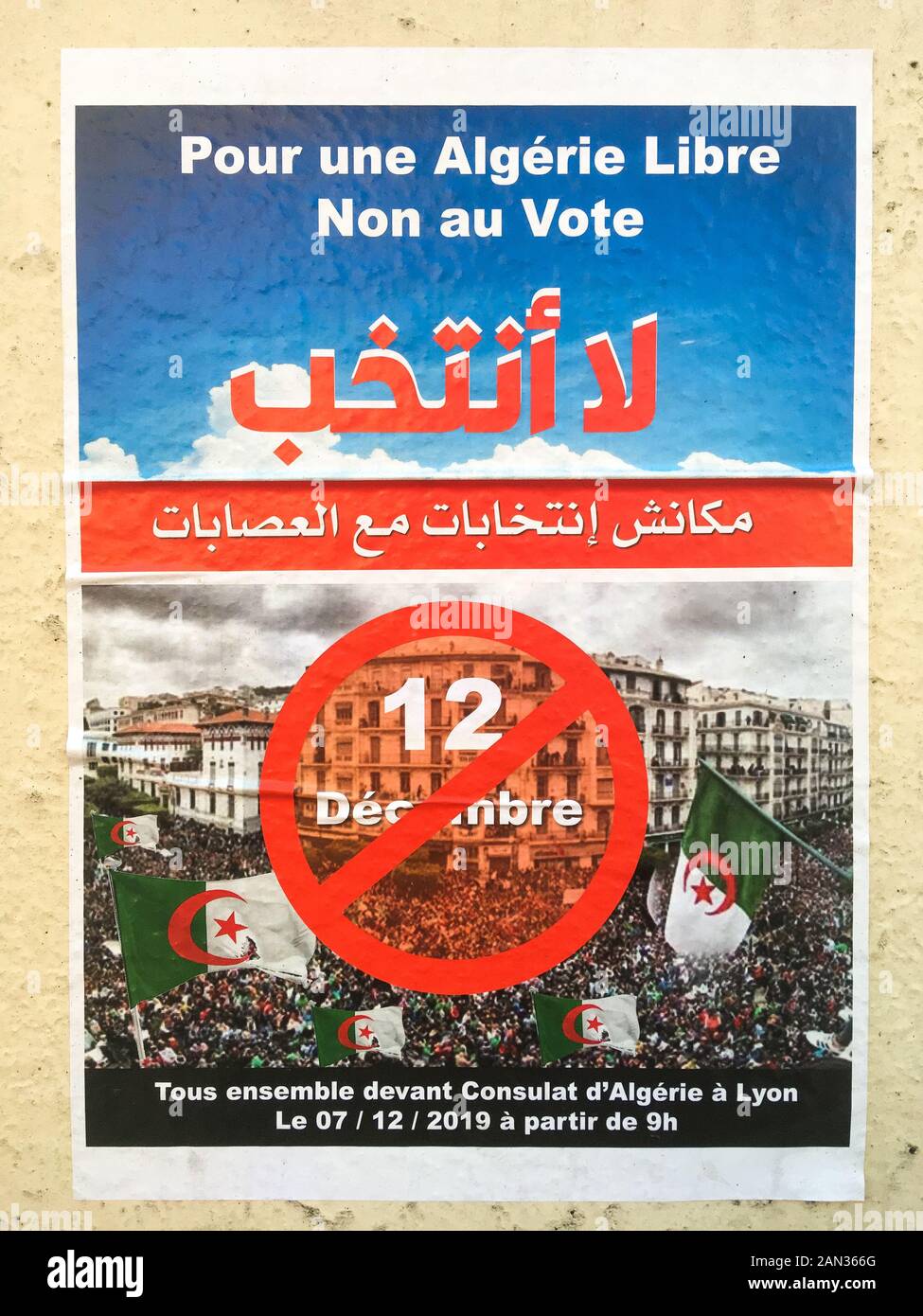 Manifestation de la diaspora algérienne contre les élections présidentielles en Algérie, Bron, France Banque D'Images