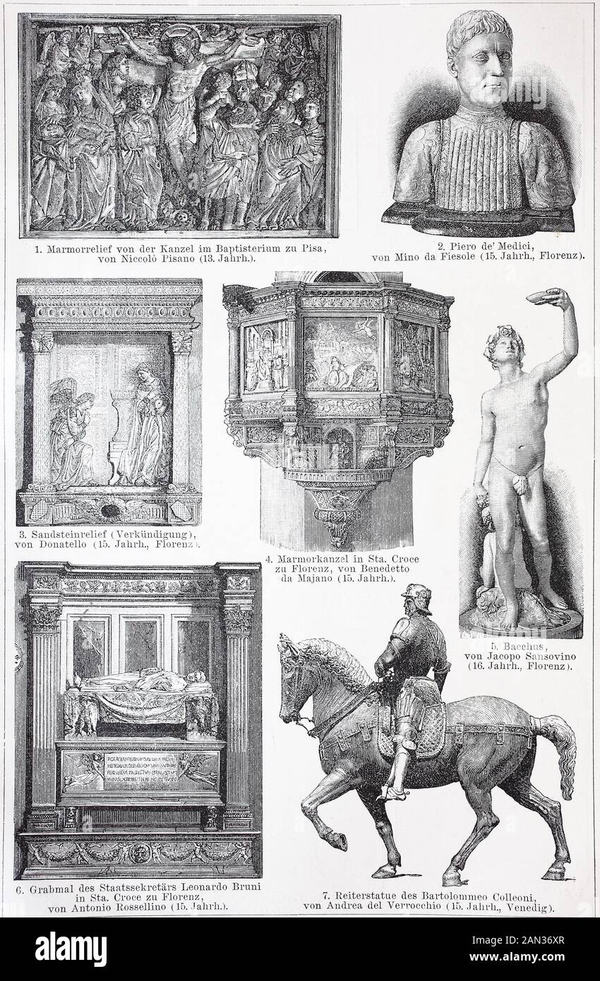 Art de l'Italie, statues, de Niccolo Pisano, Mino da Fiesole, Donatello, Sansovino, Rossellino, Verrocchio, Kunst aus Italien, Statulage en, von Niccolo Pisano, Mino da Fiesole, Donatello, Sansovino, Rossellino, Rossellino, Verrocchio, Historisch, reproduction numérique améliorée du 19° siècle Redukale original. Jahrhundert Banque D'Images