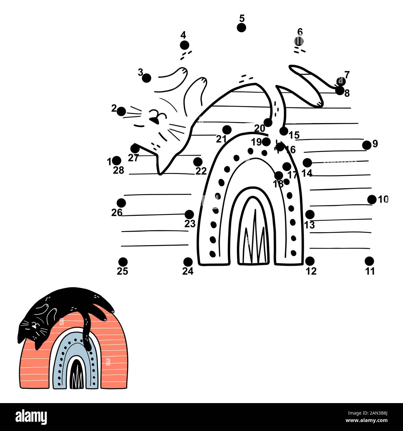 Jeu point à point pour les enfants avec un chat noir mignon sur un arc-en-ciel Illustration de Vecteur