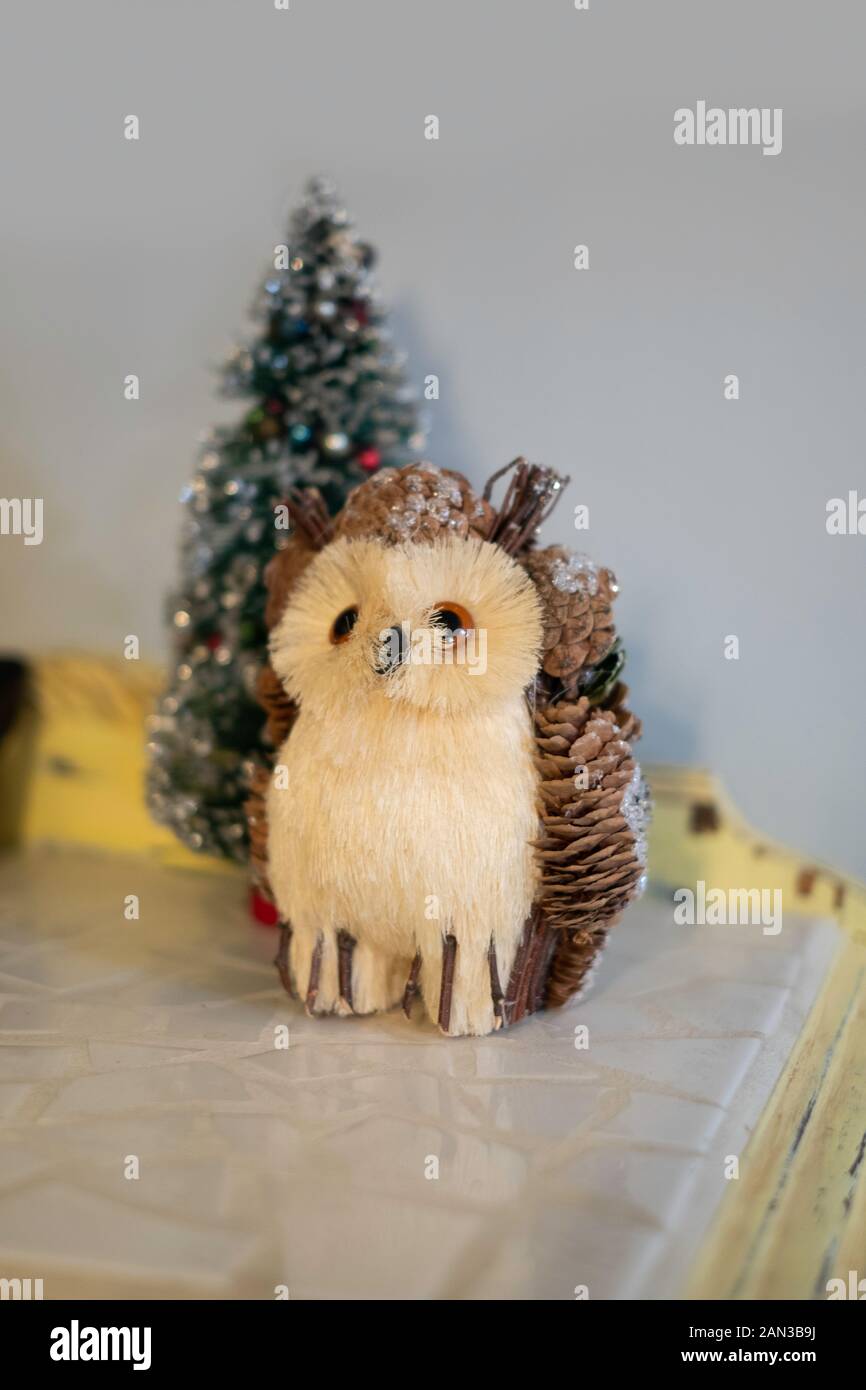 Décoration de Noël comprenant une chouette en cônes de pin et un arbre de Noël miniature assis sur une poitrine ancienne. Banque D'Images