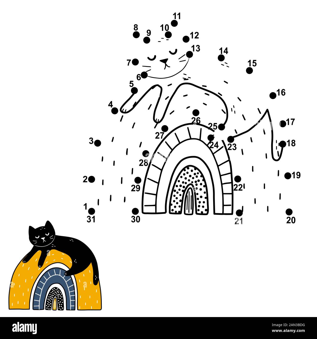 Jeu point à point pour les enfants avec chat noir drôle dormir sur un arc-en-ciel Illustration de Vecteur