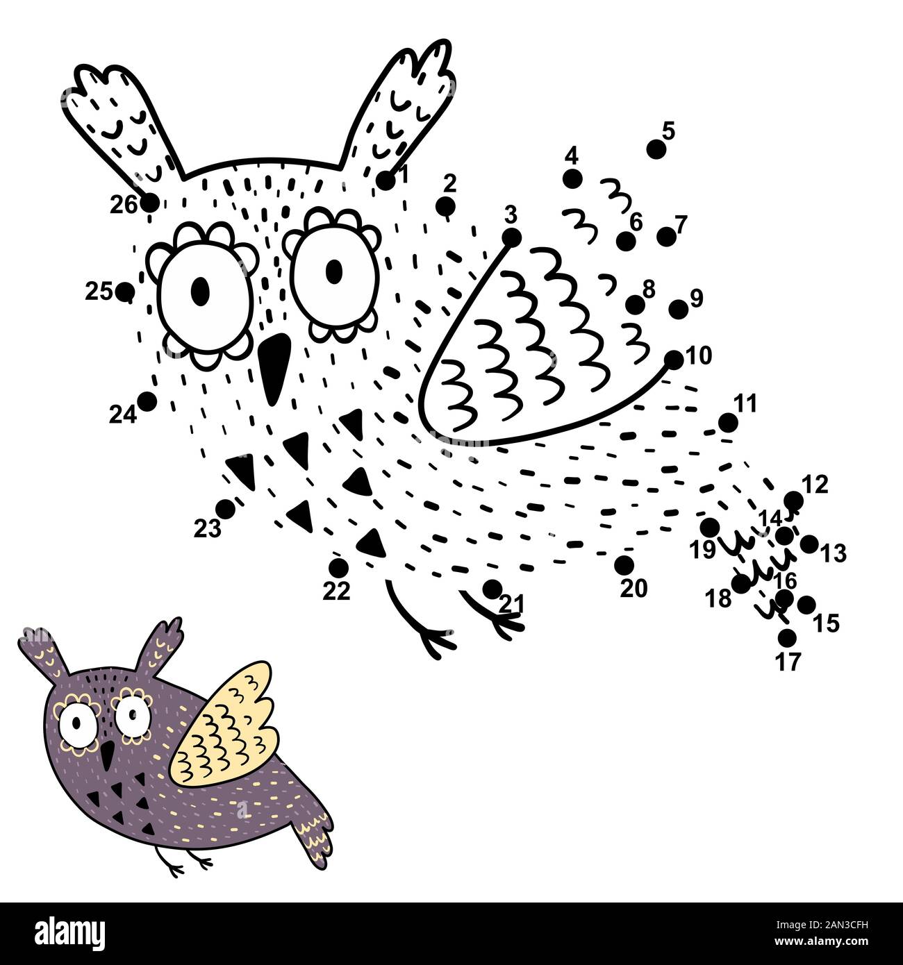 Jeu point à point pour les enfants avec chouette volante mignon. Illustration de Vecteur