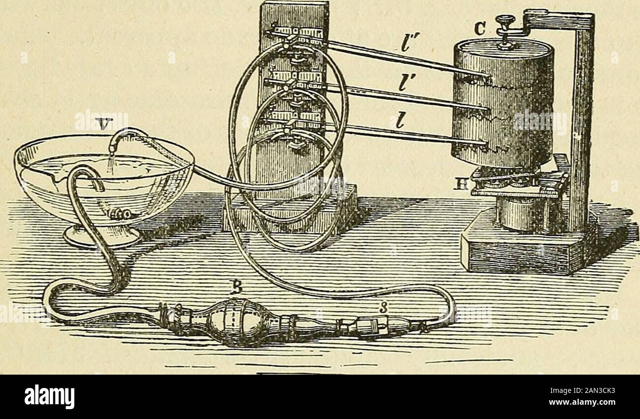 Les lois et les mécanismes de circulation, avec le principe impliqué dans le mouvement animal . d'un cylindre tournant(O)—le système artériel, qui est censé être déchargeant dans le système capillaire, dans lequel les vaisseaux termi-nate (V). Ainsi constituée, l'ampoule est maintenant rythmiquycompressée par la main dans l'imitation de l'action dans le ventricule leftCardiac. Pardon ! Mais, en effet, nous sommes amenés à l'astandstill, à moins que vous puissiez librement l'aspiration considérable dans le coeur pour contraindre le sang en lui-même en imitation de l'ampoule et de l'eau, sinon la comparaison est fausse. Pompes maydi Banque D'Images