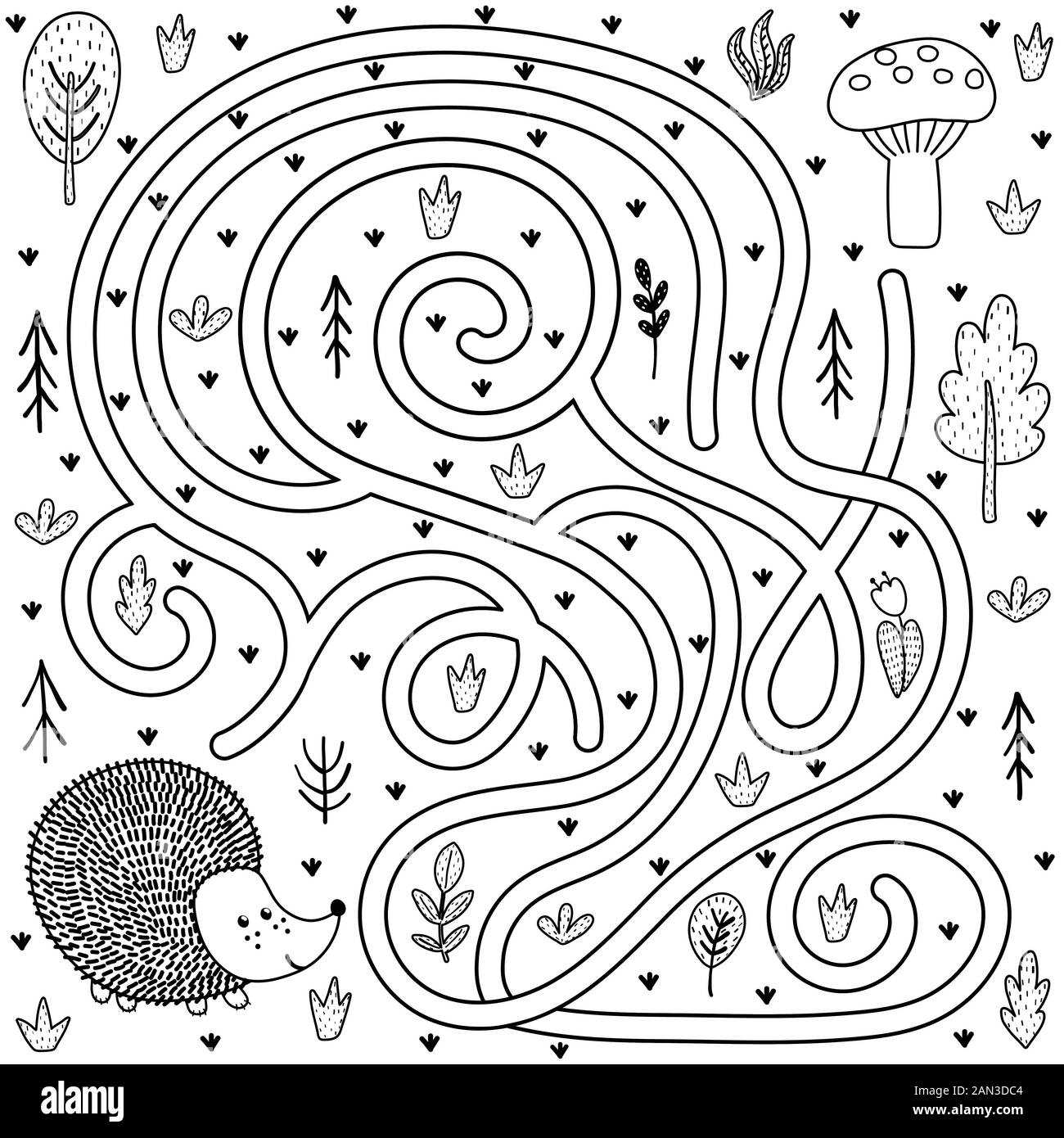 Jeu de labyrinthe noir et blanc pour les enfants. Aidez le hérisson à trouver le chemin vers le champignon Illustration de Vecteur