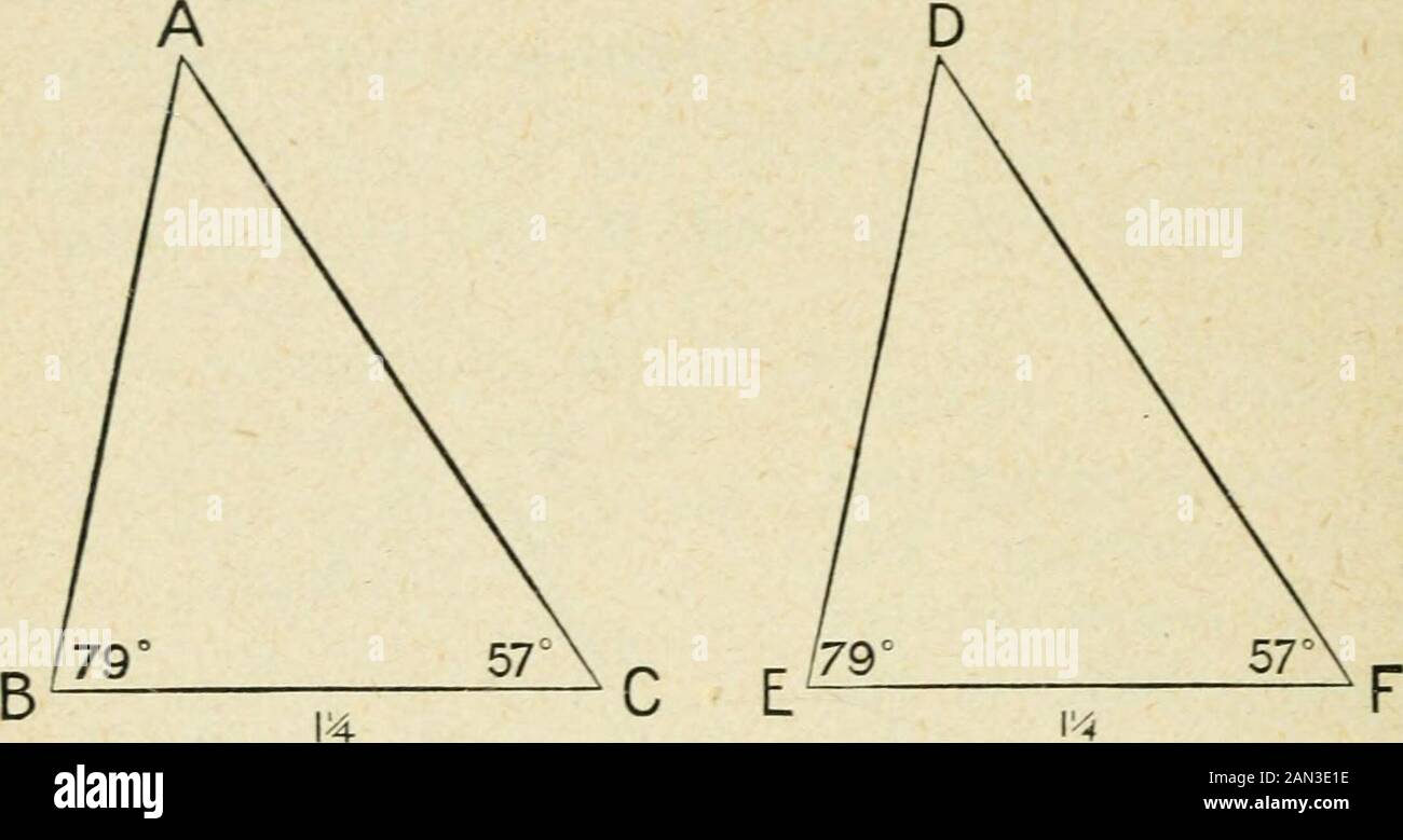 Géométrie du plan élémentaire : inductive et déductive / par Alfred Baker . 26 Géométrie. 5. Construire deux tiiangles, ABC, DEF, chacun avec plinIJ pouces, et angles à la base 79 et 57. Il s'ensuit, à partir de 4. Que les angles restants à Aand D sont égaux, chacun étant 44. En plaçant les pointsdes diviseurs sur A et B, et en portant le di^iders, ainsi ajusté, à DE, comparez les magnitudes de l'AB et de l'DE. De la même manière, comparez les amplitudes de l'ACand DF. Ensuite, couper l'un des triangles du papier, le placer sur l'autre. À partir de cette superposition whatconclusion que vous dessinez sur les zones des triangles Banque D'Images