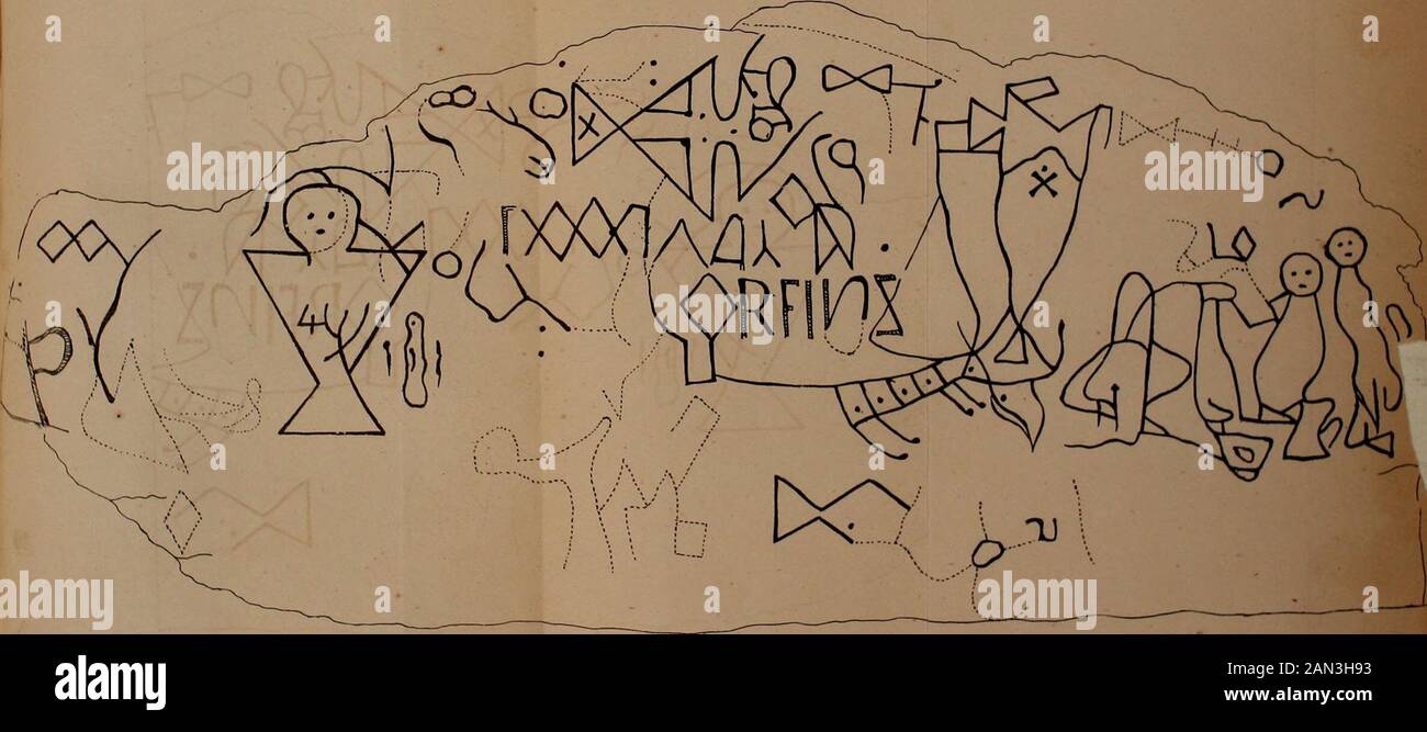 La découverte de l'Amérique par les Northmen . ROCHE . Société TLiteTWtl. J.D- 1 S 30.. INSCRIPTION UPONTHE ASSONETOR DIGHTON ROCK . PARTIE II MONUMENTS ET INSCRIPTIONS. LE CHOCK D'ÉCRITURE DE DIGHTON. Des monuments remarquables et des inscriptions ont été trouvés sur les rives orientales de NorthAmerica, qui témoignent des voyages et des colonies enregistrés dans les récits précédents, et complètent la masse de preuves qui a été présentée soement par le professeur Rafh, sur un sujet intéressant. La Rhode Island HistoricalSociety s'est appliquée à l'examen de ces vestiges, avec un dégre Banque D'Images