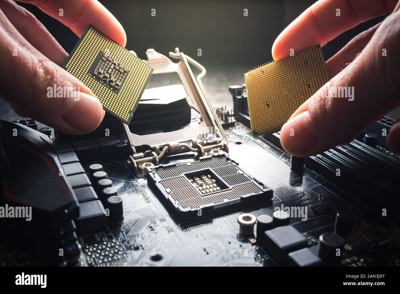 Les mains montrent différents processeurs. Deux CPU contre l'arrière-plan de la carte mère. Le choix du processeur, l'avantage de la marque et Banque D'Images
