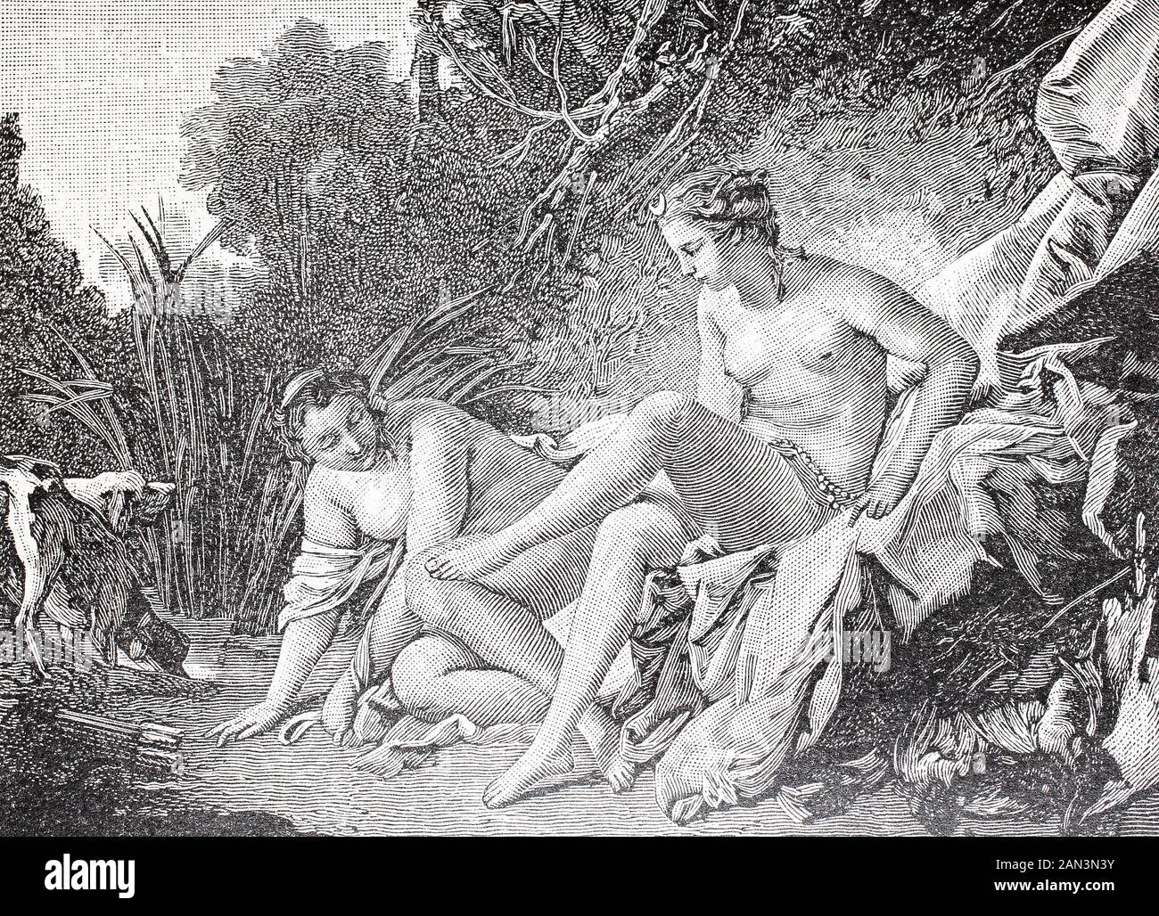 Diana, la déesse de la chasse, la lune, Et la nature dans la mythologie romaine après sa baignade, / Diana, die Göttin der Jagd, des Mondes und der Natur in der römischen Mythologie nach ihrem Baden, Historisch, digital amélioration de la reproduction d'un original du XIXe siècle / digitale Reproduktion einer Originalvorlage dem 19. Jahrhundert Banque D'Images