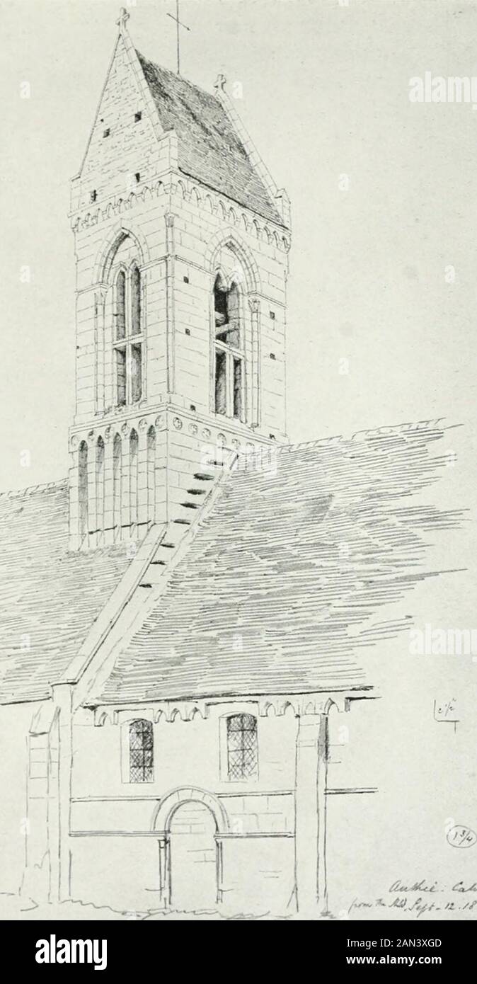 L'architecture gothique en France, en Angleterre et en Italie. T S. Michel de Vaucles2 et S. Contest sont romanes, mais il y a une charmante tour du 13° siècle avec une courte flèche carrée à S. Gillesin Caen; et il y a une autre, plus noble et avec des lumières de spire à arbre, à la Basse Allemagne. Les tours de selle-dos d'Othersellen se trouvent dans le département de Calvadosat Formigny, Ryes et Crepon. Norrey, entre Bayeux et Caen, a un splédidfragment d'une église qui serait plus à la maison de la ville de ina que dans un village éloigné de deux cents âmes.La nef est faible et sans aissure, avec des fenêtres transitoires.C'est réussi b Banque D'Images