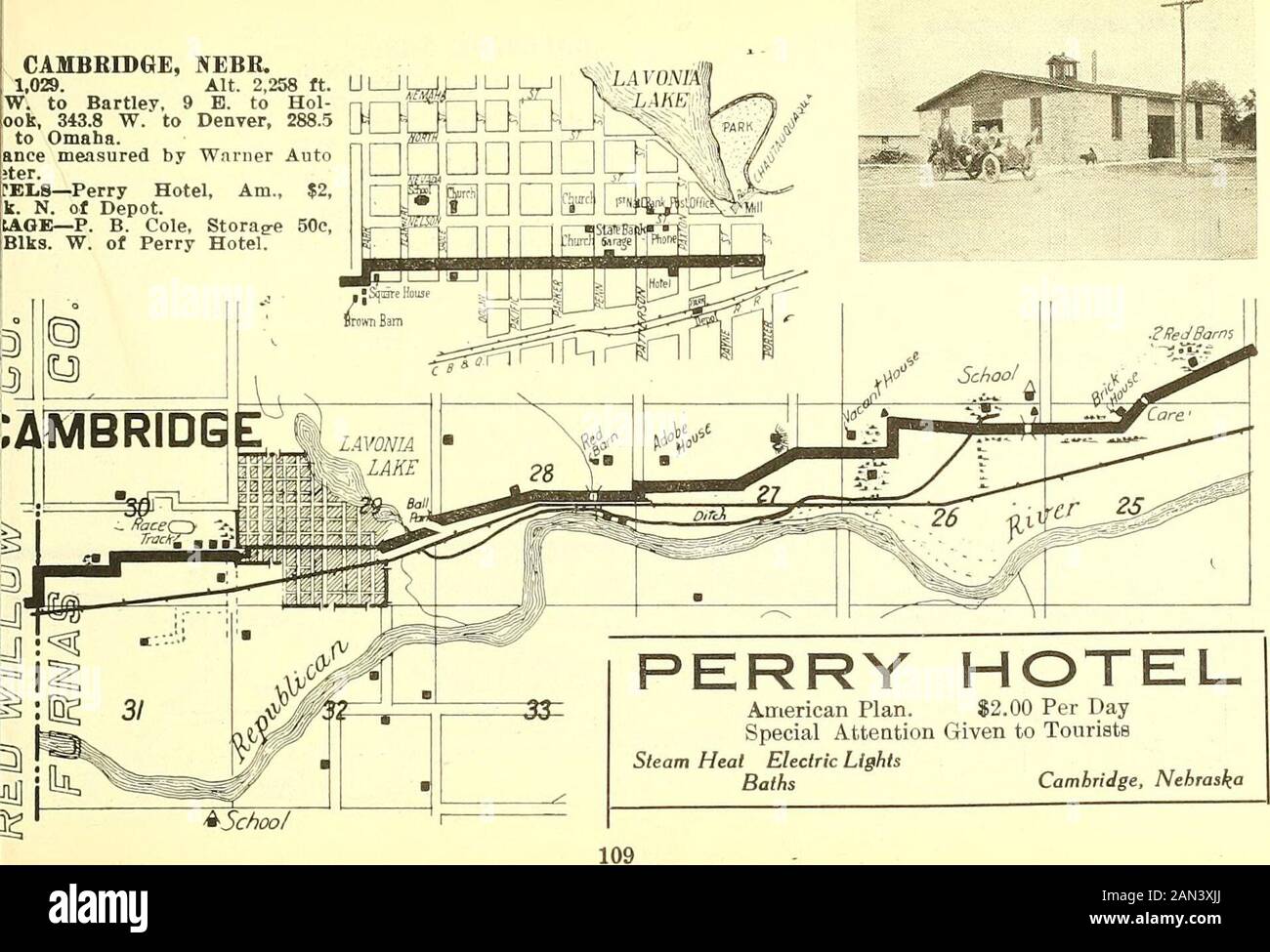 Carte et guide de Huebinger pour la route transcontinentale Omaha-Denver; . 25 (niveau 5) n/^ A 108 CAMBBIGE, NEBB. 1 029. T. 2,258 pi. UL I W. à Bartlev. 9 E. à Hol-ook, 343.8 W. à Denver, 288.5 à Omaha, ance mesurée par Warner Auto!ter. Pels—Perry Hotel, Am., 2 $, k. N. du dépôt. (ÂGE—P. B. Cole, Storae* 50 c, Elks. W. de Perry Hôtel.. HOLBROOK, NEBR. Pop. 400. 2 206 pieds 9 W. à Cambridge, 5.9 B. à Am- paboe, 352.S W. à Denver, 279.5 B. à Omaha.Distance mesurée par Warner Auto Meter.HOTELS—New Palace Hotel, A.. .•?2, garage principal St. G. 4RAGE—Butlera, entreposage 50 c, principal St.KEP-VIRS—Ea.v Morris. Ma Banque D'Images