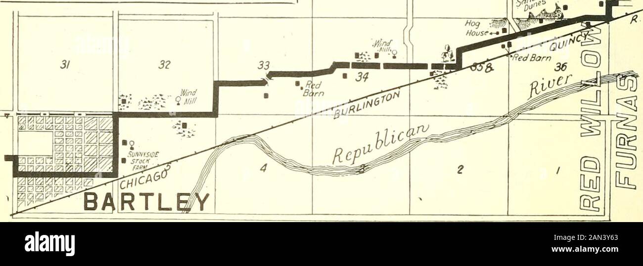 Carte et guide de Huebinger pour la route transcontinentale Omaha-Denver; . Bartley, NEBB, pop. 400. 6.9 W. à Indlanola, 8.5 E. à Cam-Bridge, 335.3 W. à Denver, 297.0E. À Omaha. Distance mesurée par Warner AutoMeter. Hôtels—Citizens Hotel, Am., 2 $. GARAGES—J. A. Finnegan, magasin 50. Nelson Hdw. Hôtel CITOYENS C. C. ANDERSON, Prop Hartley - Oné. Excellents REPAS eau chaude et froide.attention particulière aux Touristes, réparations DE GARAGE BARUEY et essence J. A. FINNEGAN, Prop Hartley Oné. Nelson HARDWARE CO. Fournitures, réparations, Huiles et essence BARTLEY, ONÉ. 107 p. B. COLE Cambridge garage réparations, O Banque D'Images
