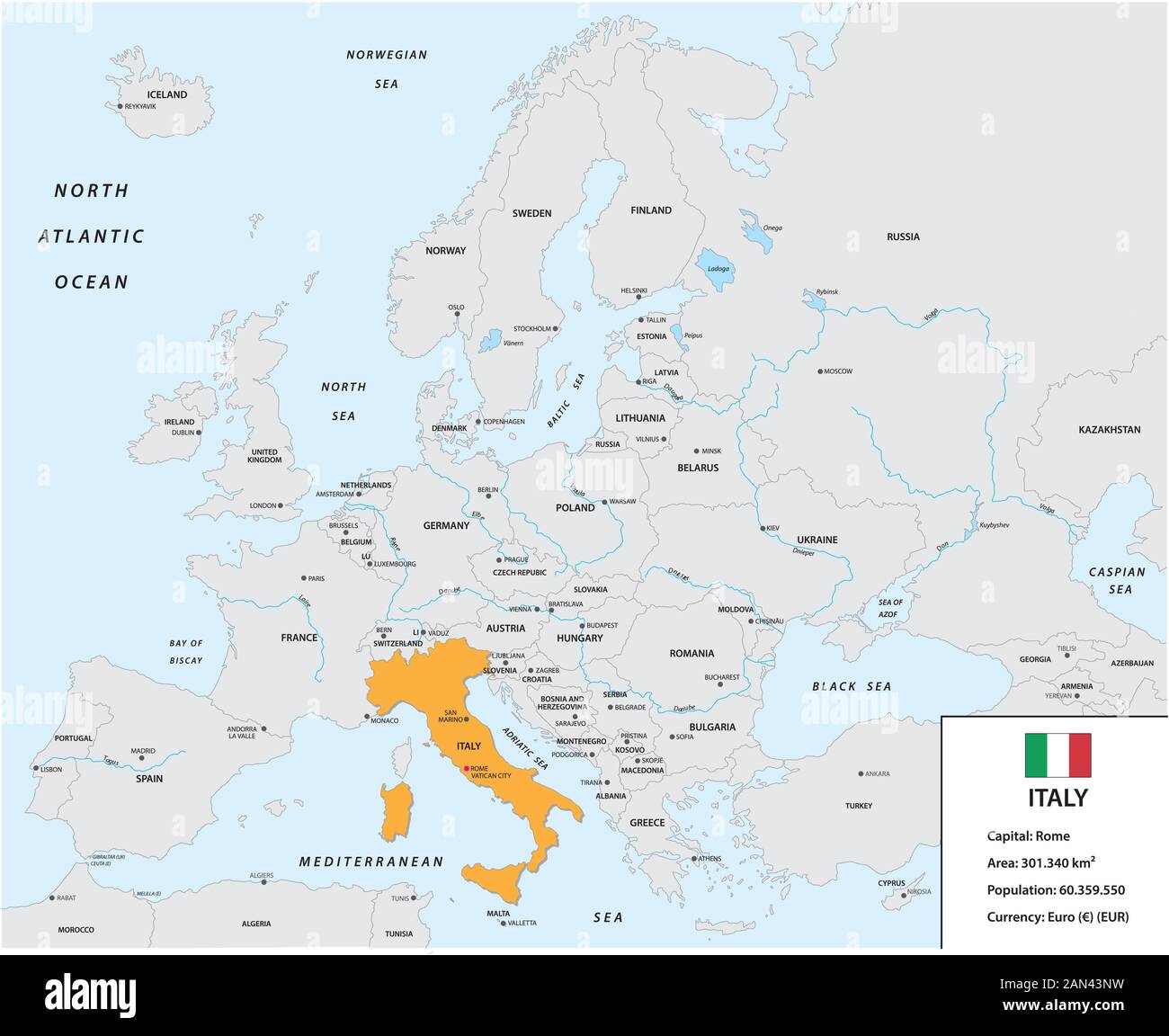 Emplacement de l'Italie sur le continent européen avec petit boîtier d'information et drapeau Illustration de Vecteur