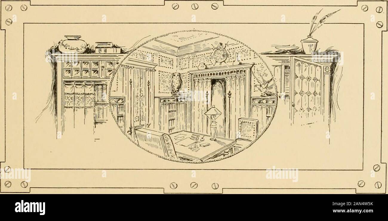 Accueil artistique : la lecture de ce qui donnera la ménagère moderne d'une centaine d'idées différentes pour l'embellissement de la maison ; toutes les illustrations une nouvelle pensée. . Suggestions Bibliothèque CTM n système efficace pour une bibliothèque est d'avoir les boiseries de chêne vert en quartiers, avec de faibles^^ 5 bibliothèques de la même chose. Au-dessus des bibliothèques les murs sont lambrissés avec petites places ofilluminated avec finition cuir laiton antique punaises à tête. Les toiles sont d'un greenvelour, bordée de cuir lumineux. Des meubles en cuir vert, table en chêne. Oiseaux andan bouclier antique sur la cheminée w Banque D'Images