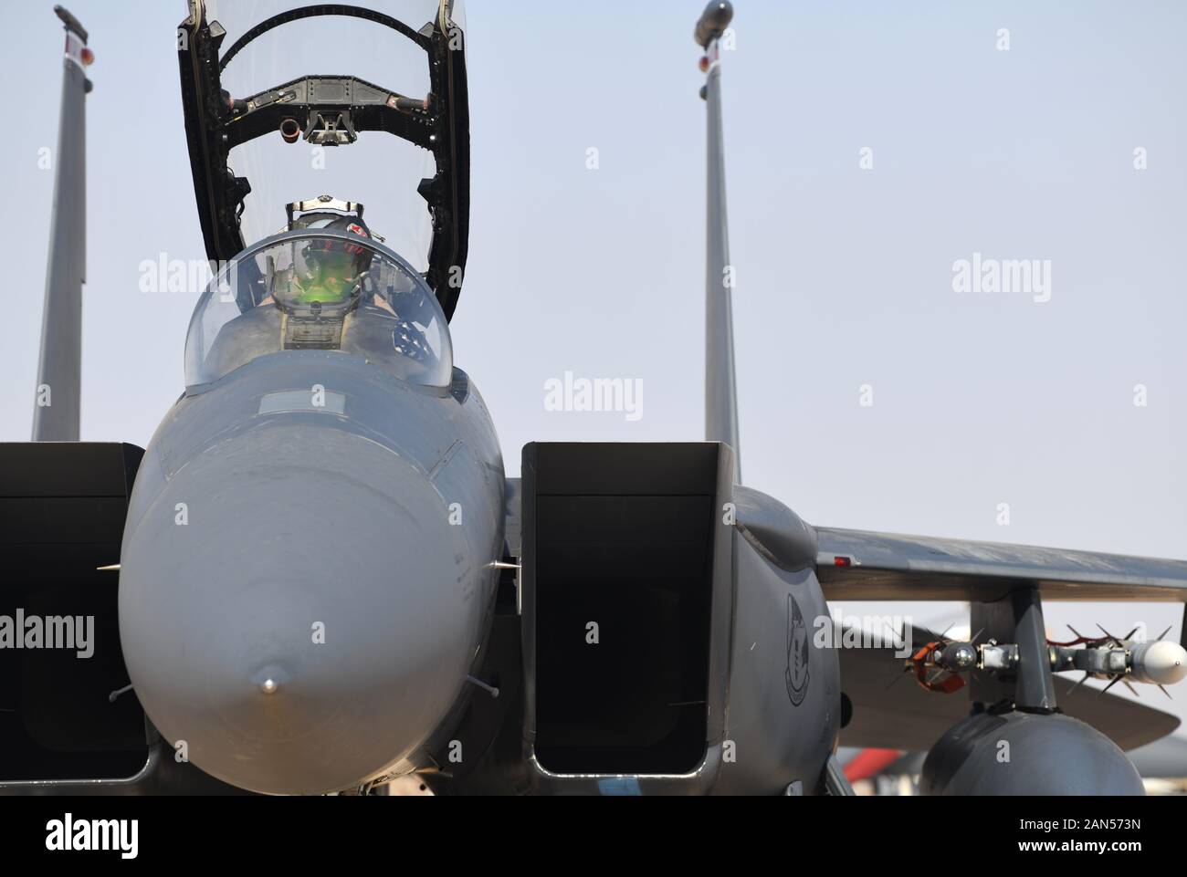 Un U.S. Air Force F-15E Strike Eagle pilote désigné pour le 494e Escadron de chasse expéditionnaire se prépare à décoller à la base aérienne du prince Sultan, Royaume d'Arabie saoudite, le 8 janvier 2020. Le F-15E sa capacité de mener à l'air-air et air-sol opérations assure U.S. Air Forces Central Command puisse se défendre contre l'état et des acteurs non étatiques dans la région. (U.S. Air Force photo de Tech. Le Sgt. Michael Charles) Banque D'Images