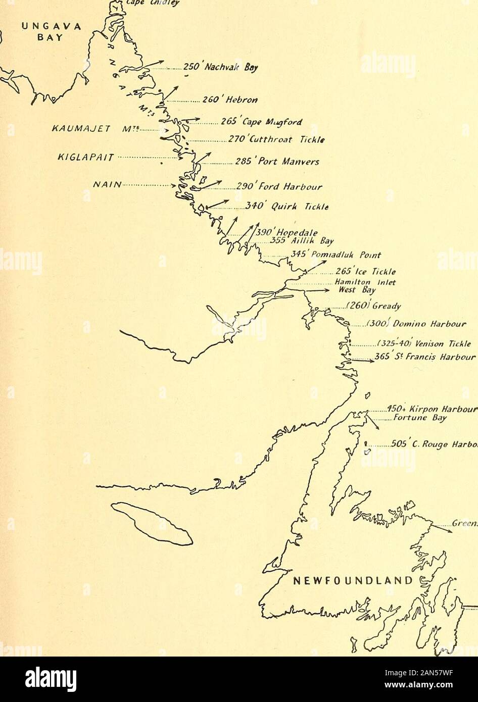 Le Labrador, le pays et le peuple . Géologie ET PAYSAGES DE LA CÔTE NORD-EST du cap Chidley U N G A V Aj BAY .2S0 Nachvak Bay . 265 Cape Mugford Tickle...285 Fardée270Manvers Port 290 Port Ford .34-0 Quirk Tickle 590 Hopedale555 encre 345Pomiadluk Ia Baie 265TickleHamilton InletWest Point de Glace Bay. (2601 Gready (iOOj Gladiátor 1325-401 .Port Domino Tickle365 5 ? Francis Harbour 450 Kirpon HarborFortune* Bay 505 C. le havre Rouge t Grecnspond SUohn.J575). Fig. 17.ap par des flèches indiquant les directions dans lesquelles la glace de l'ère glaciaire, déplacé.chiffres indiquent en pieds le montant de soulèvement depuis Banque D'Images