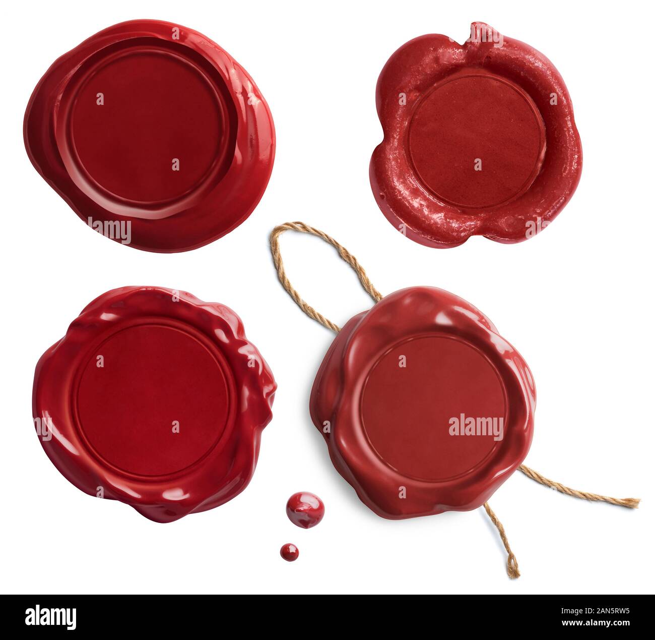 Vieux sceaux ou cachets de cire rouge set isolated on white Banque D'Images