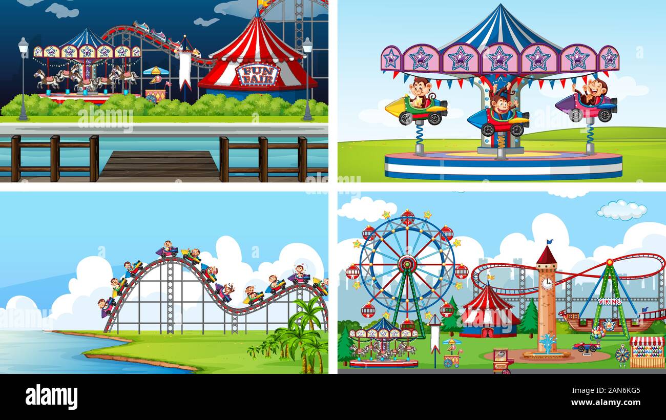 Quatre scènes d'arrière-plan avec des singes heureux dans le Circus park illustration Illustration de Vecteur