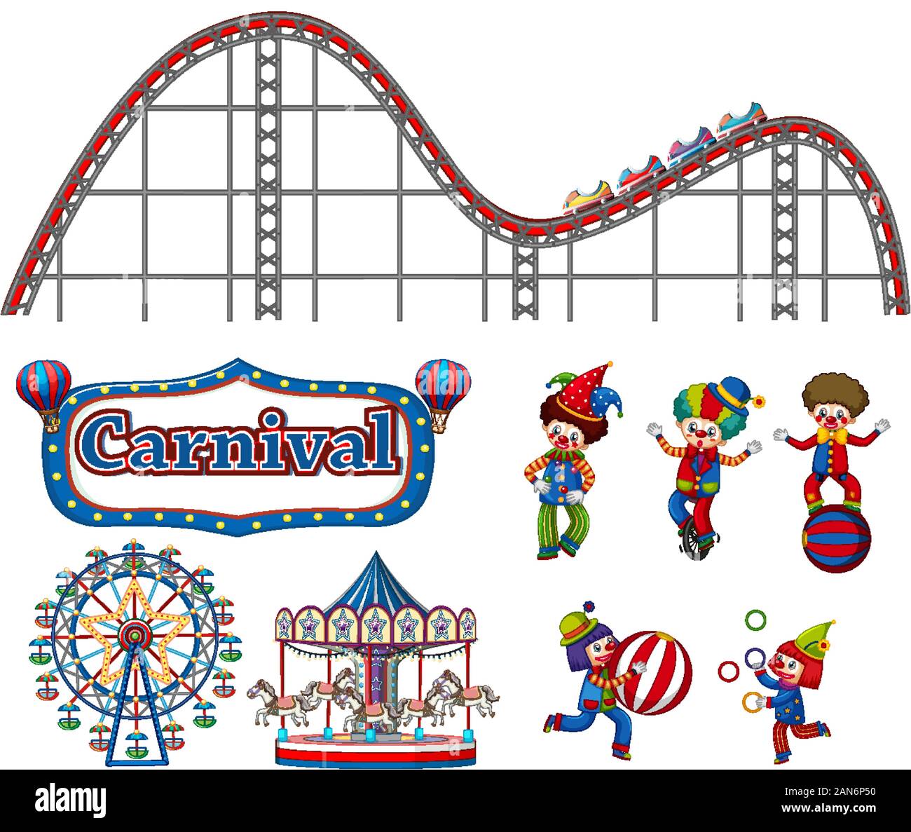Grand ensemble d'articles de carnaval et clowns sur fond blanc illustration Illustration de Vecteur
