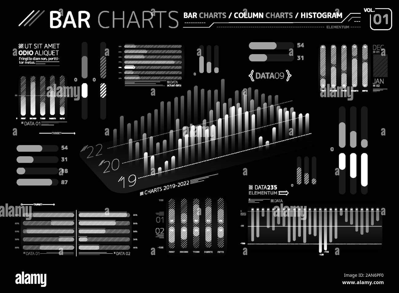 Graphiques à colonnes et des histogrammes Éléments infographique Illustration de Vecteur
