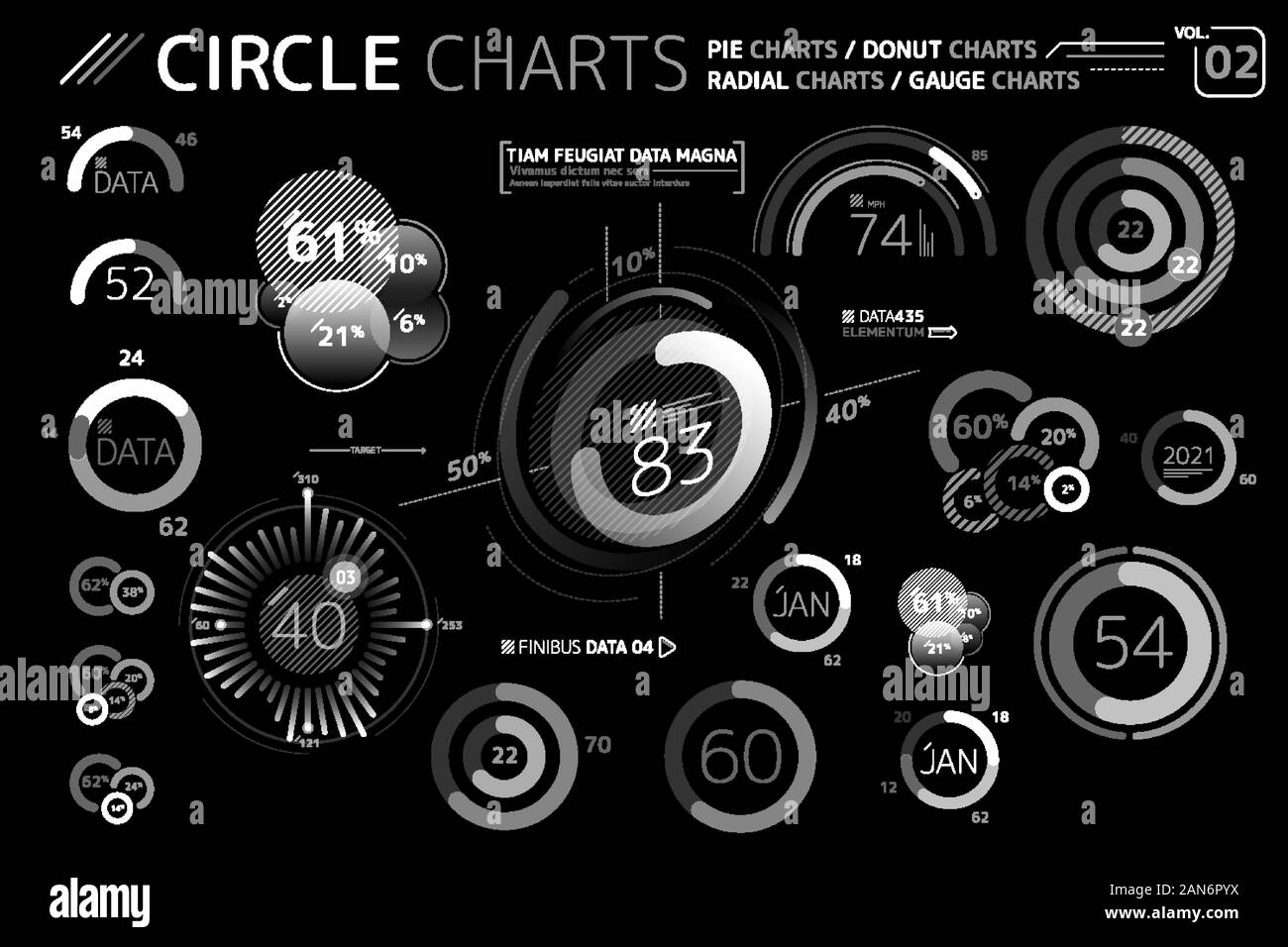 Les graphiques, les diagrammes à secteurs de cercle, Donut, cartes marines et cartes graphiques jauge radiale Éléments infographique Illustration de Vecteur