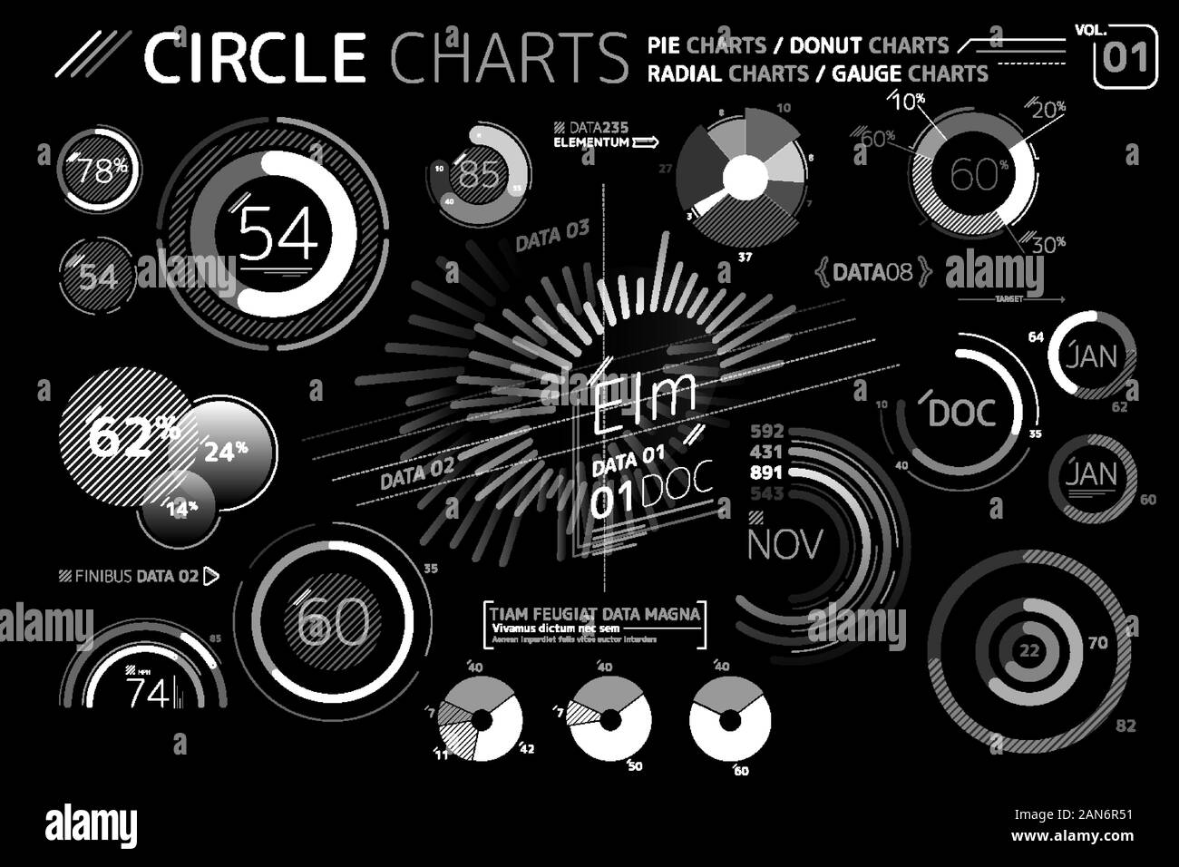 Les graphiques, les diagrammes à secteurs de cercle, Donut, cartes marines et cartes graphiques jauge radiale Éléments infographique Illustration de Vecteur
